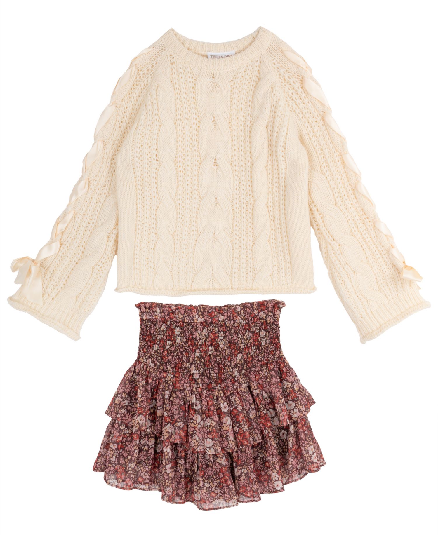 Girls' 7-12 Cable-Knit Sweater and Floral Lurex Chiffon Skort, 2-Piece Set