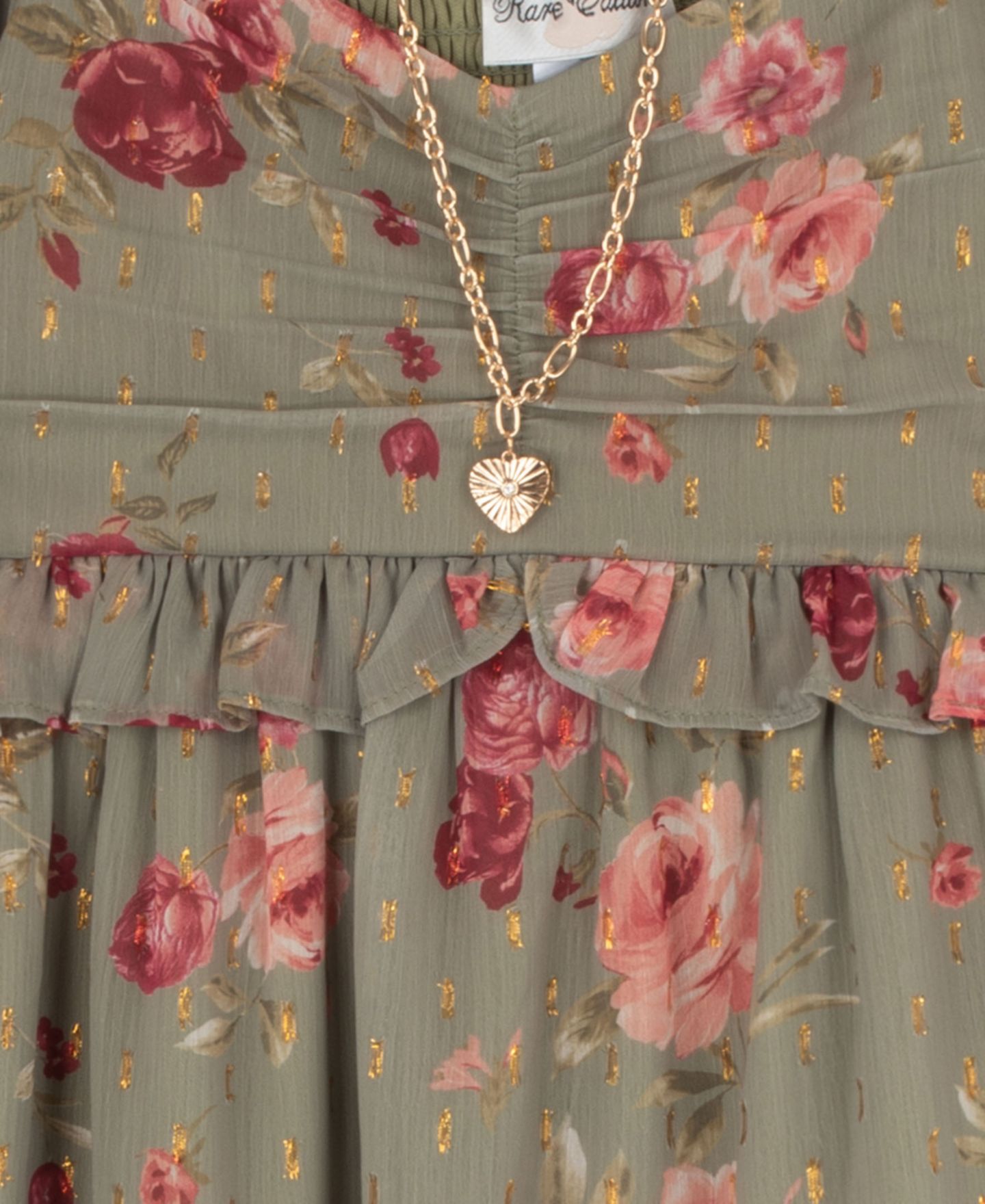 Платья Rare Editions Printed Chiffon Long-Sleeve Dress with Necklace, 2-Piece Set для девочек, цвет: Шалфейный зелёный — фото 3