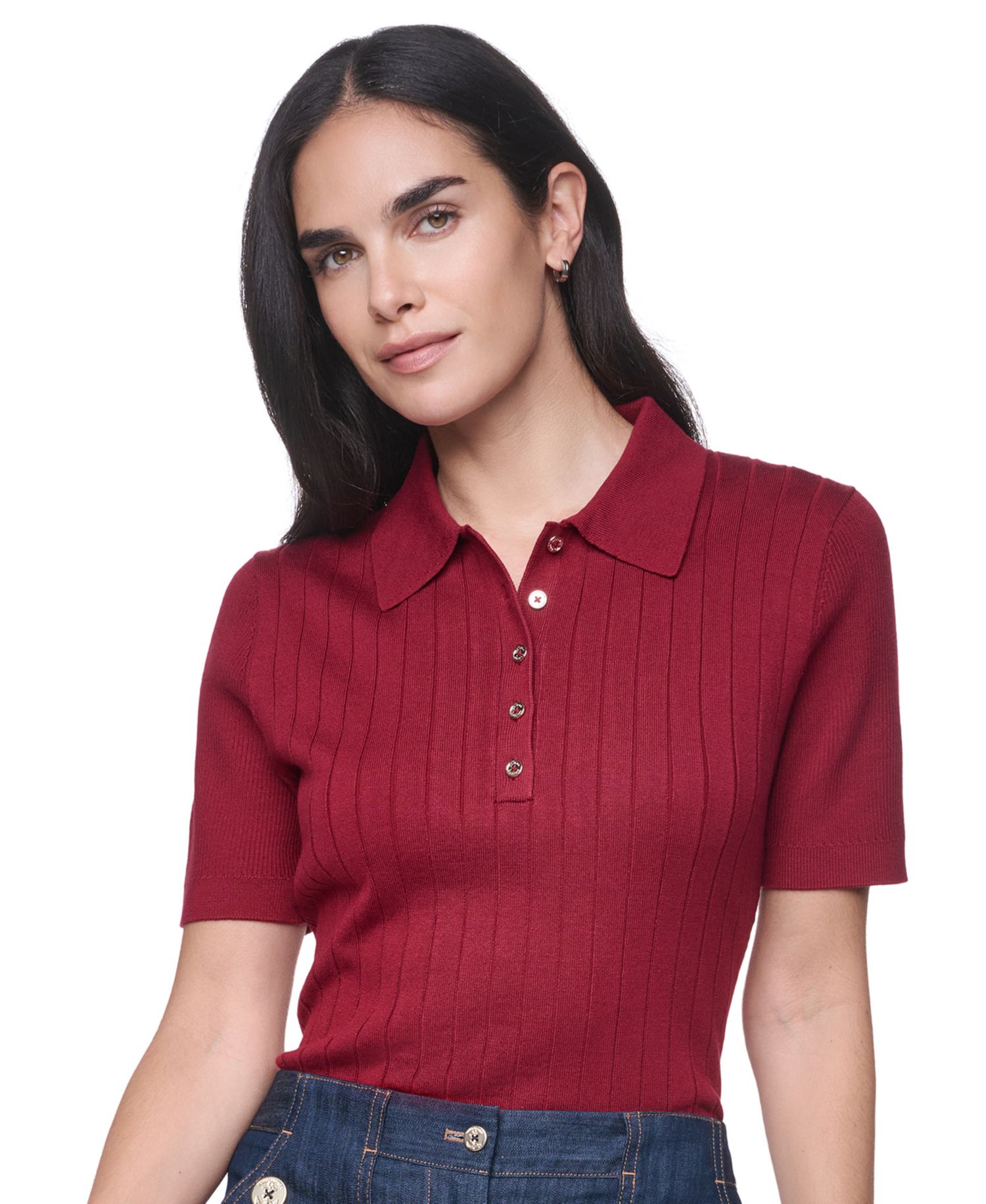Women's Short-Sleeve Polo Ribbed Sweater