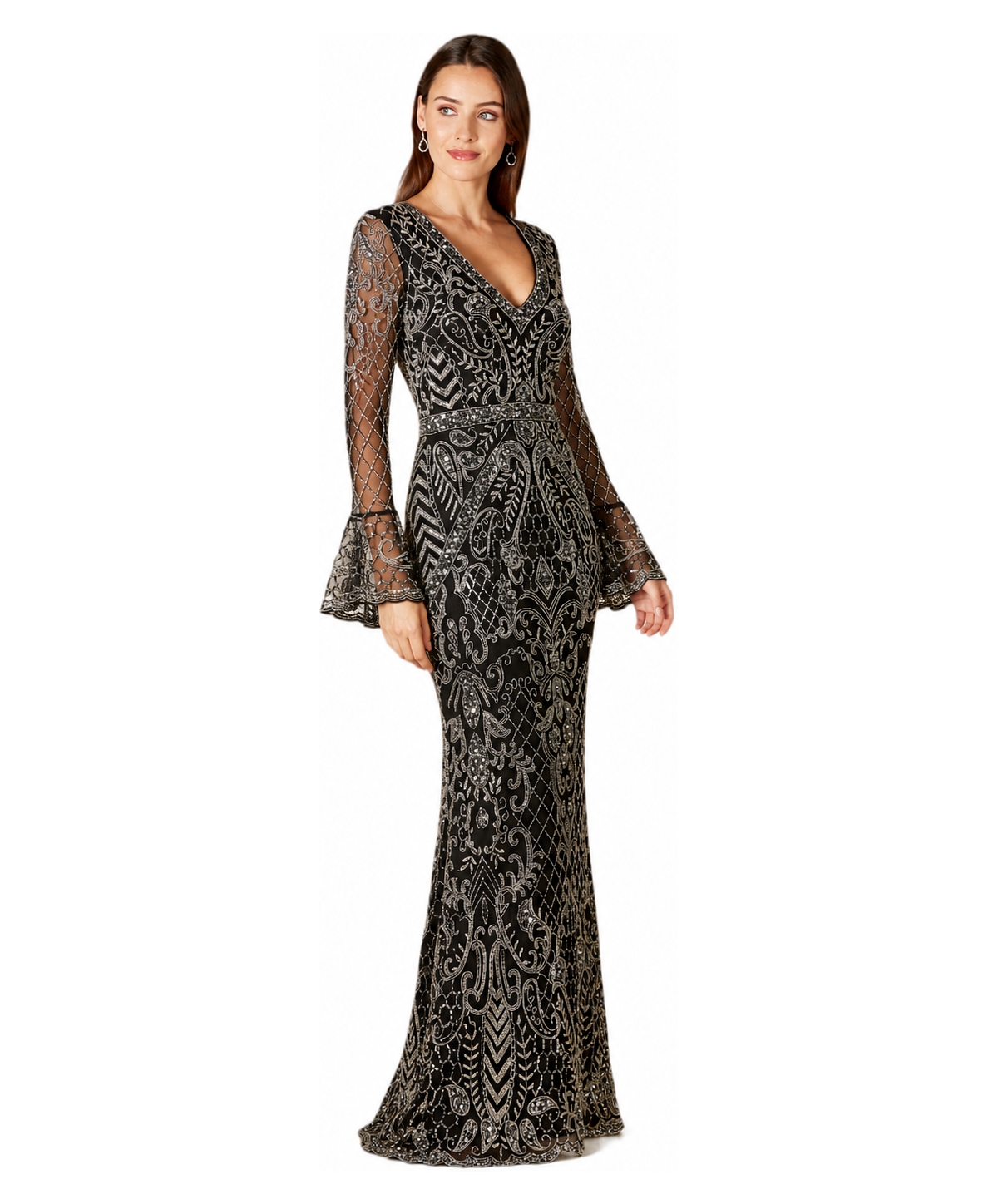 Lara Women's Long Bell sleeve V-neck Beaded Gown