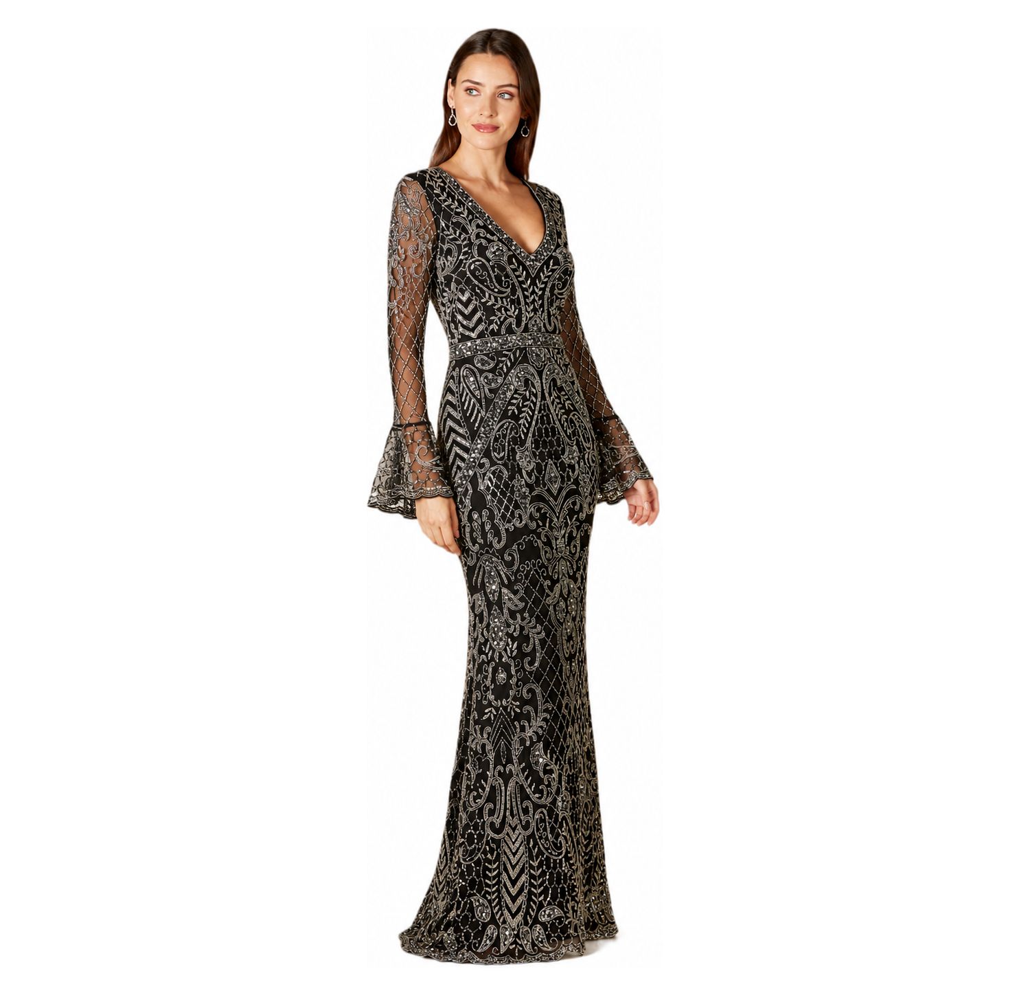 Women's Long Bell Sleeve V-Neck Beaded Gown