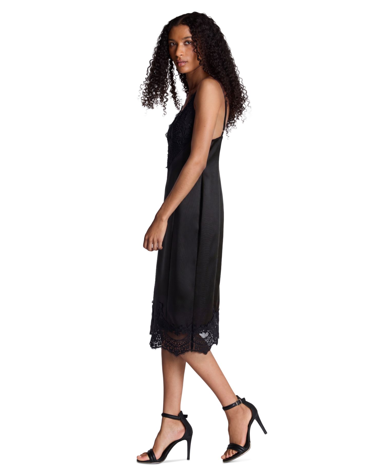 Women's Contrast Lace Trim V-Neck Midi Dress