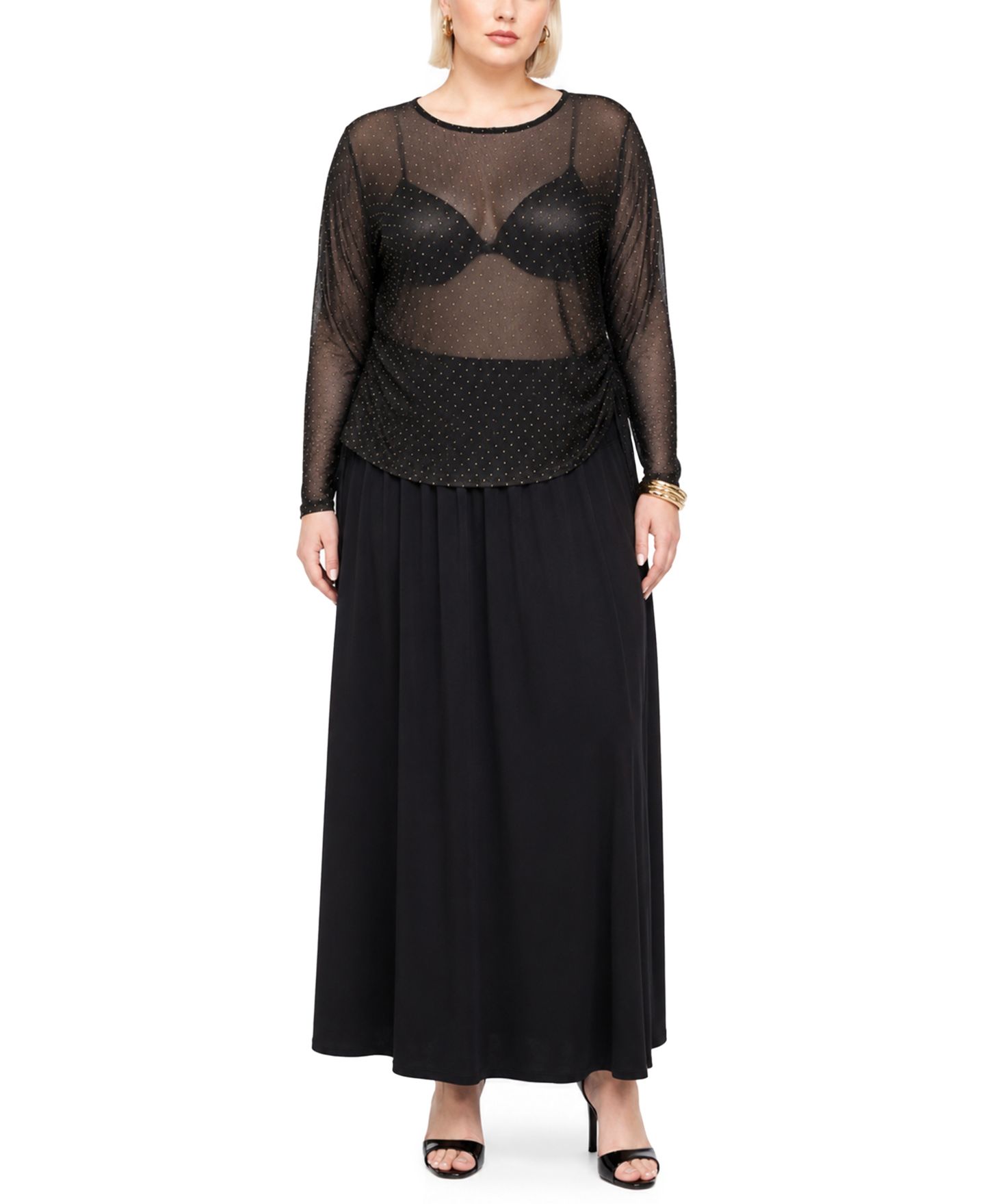 Женский топ COIN 1804 Plus Size Foil Drop Scoop Neck Side-Ruched, цвет: Чёрный золотой — фото 2