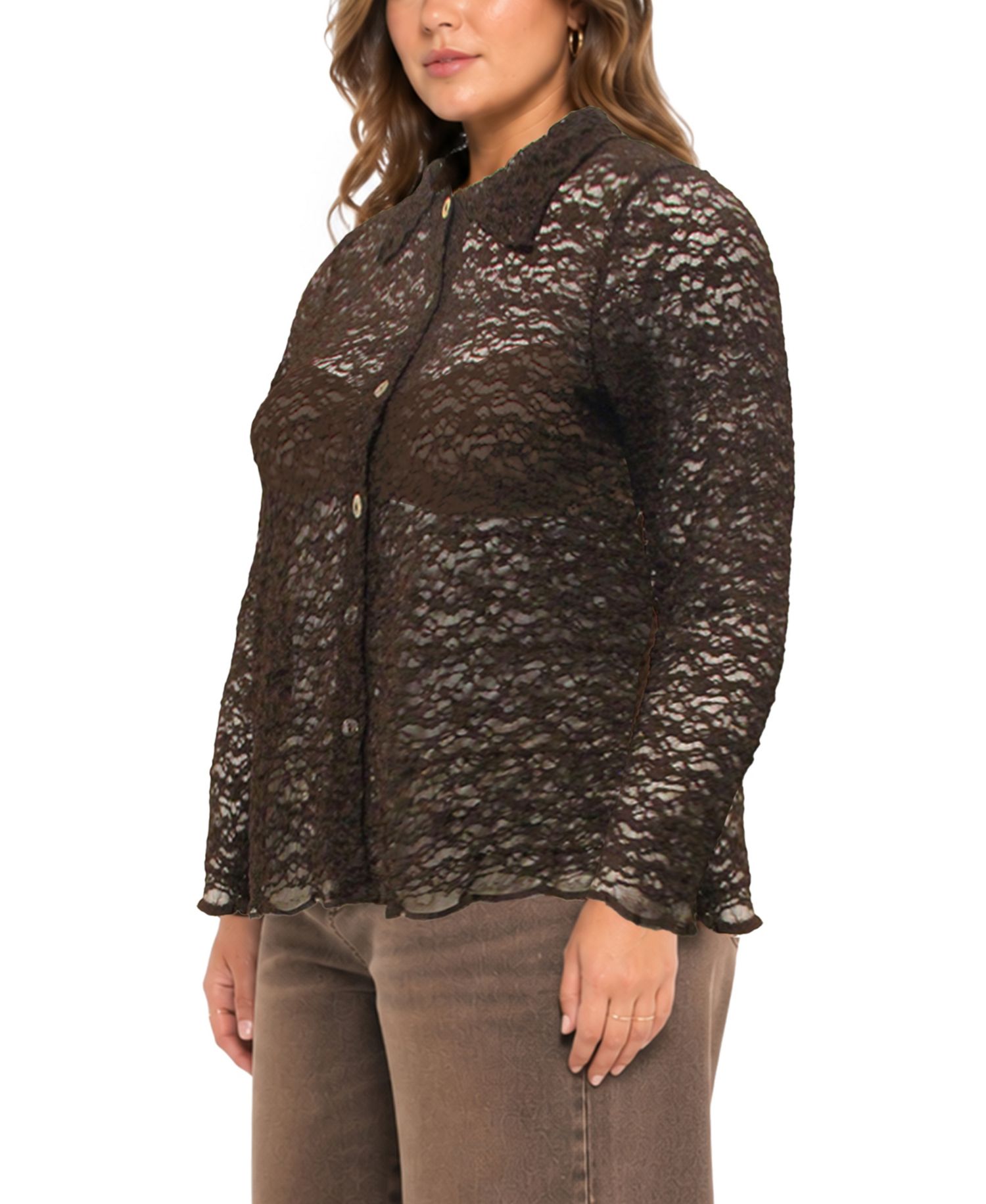 Plus Size Long-Sleeve Lace Floral-Edge Shirt