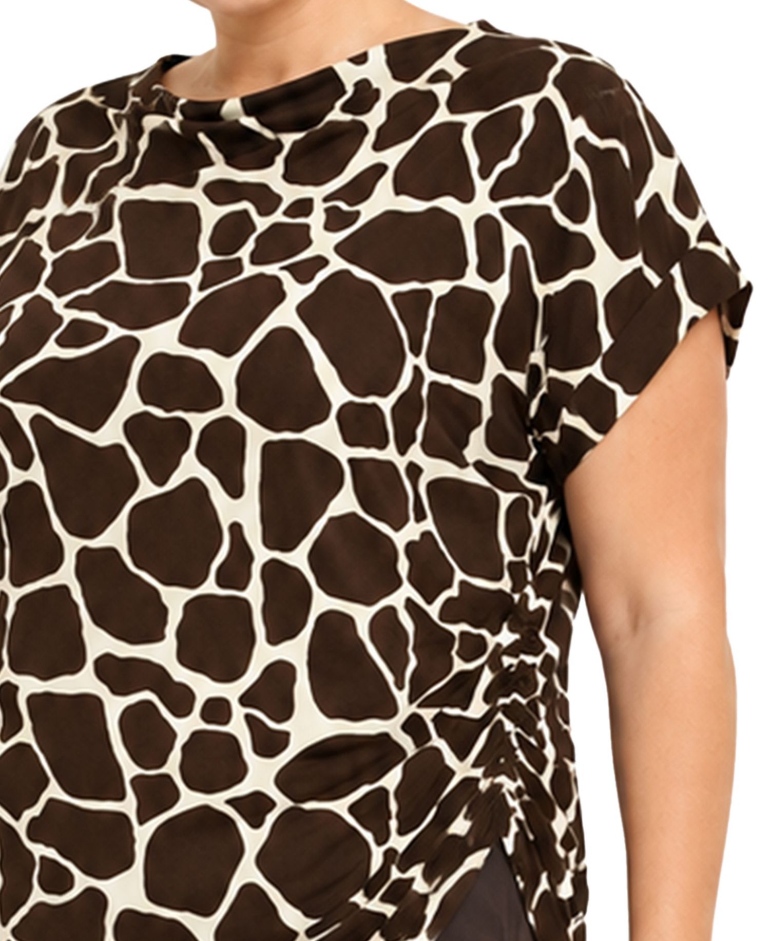 Plus Size Giraffe-Print Cowl-Neck Rolled-Short-Sleeve Top