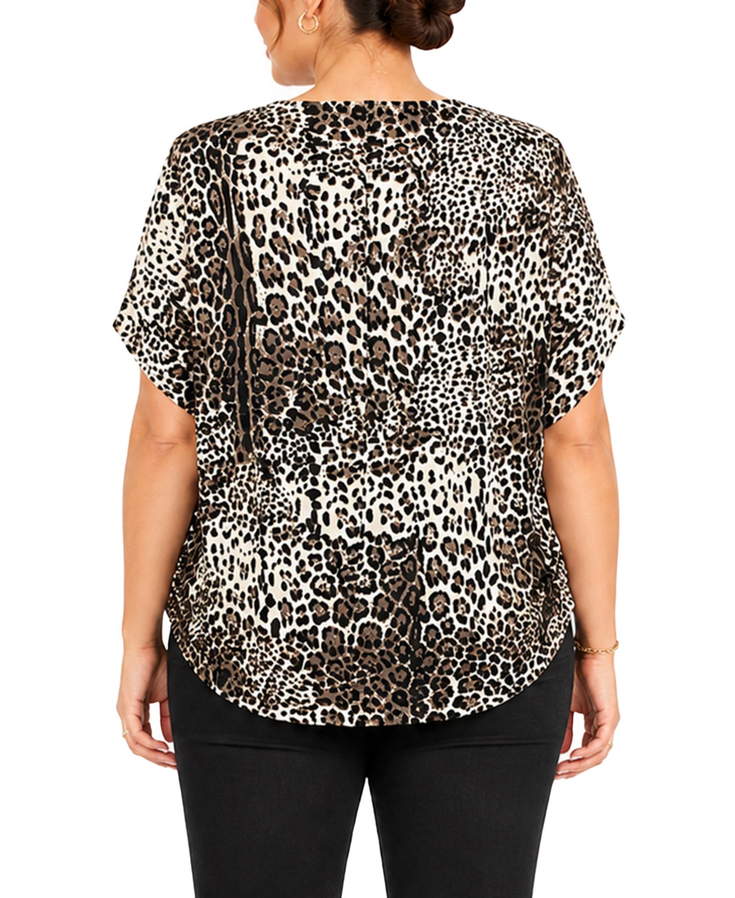 Plus Size Leopard-Print Boat-Neck Batwing Short-Sleeve Top