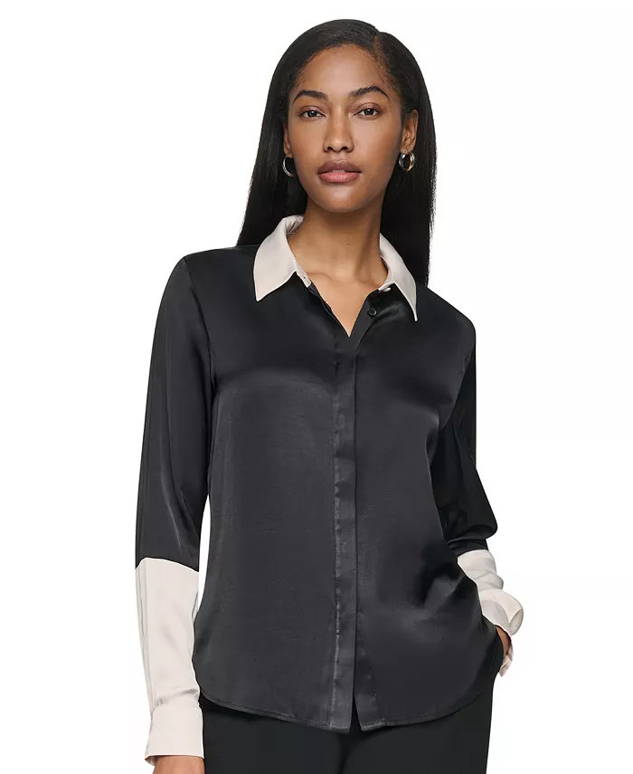 Women's Park Satin Colorblock Long-Sleeve Blouse