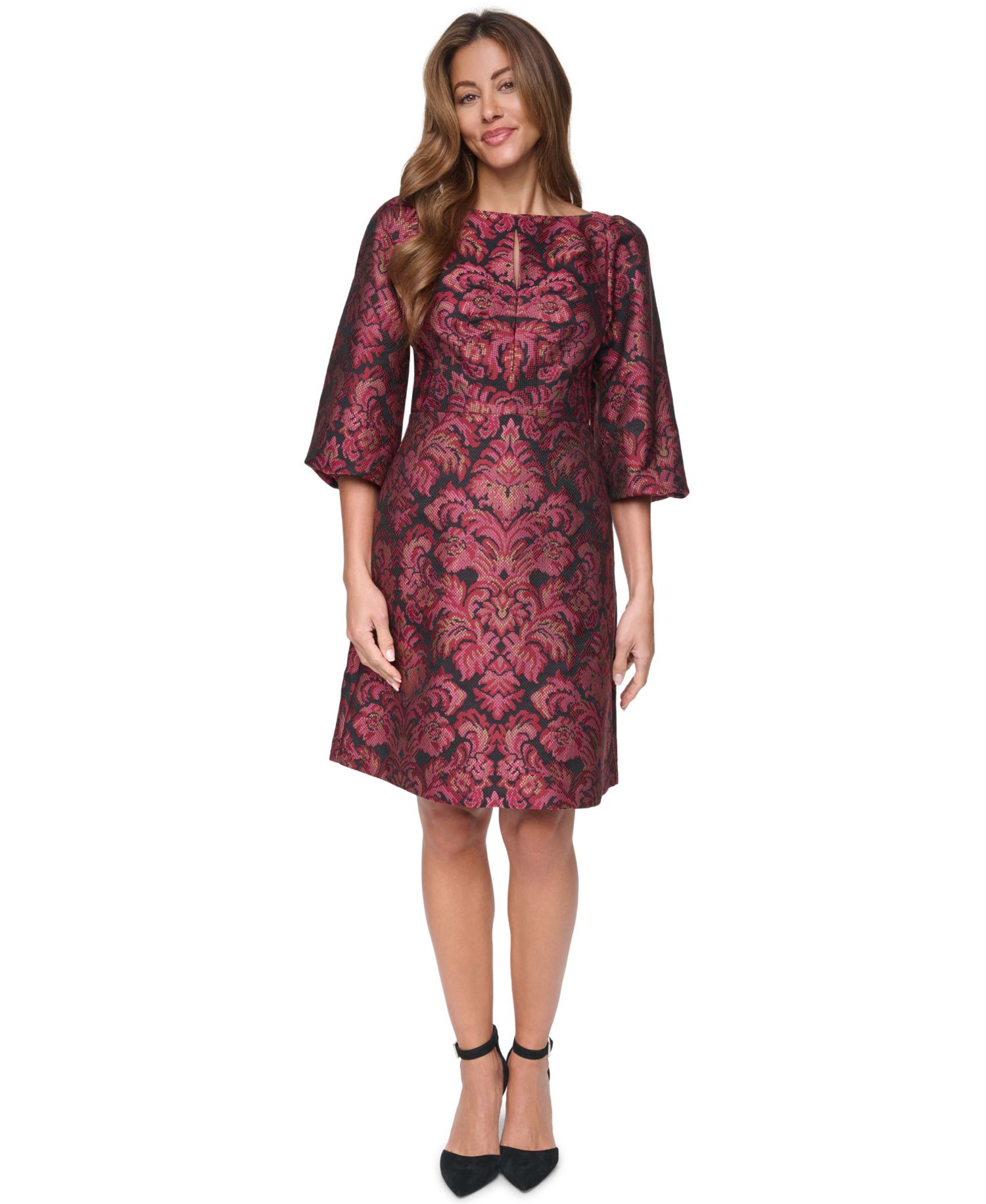 Women's Boat Neck A-Line Ruched Keyhole Bodice Dress