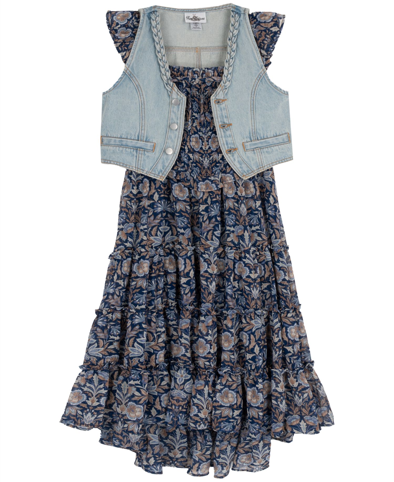 Girls' 7-16 Floral Print Sleeveless Dress and Denim Vest, 2-Piece Set
