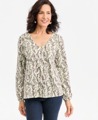 Women's Printed Pintuck V-Neck Knit Top