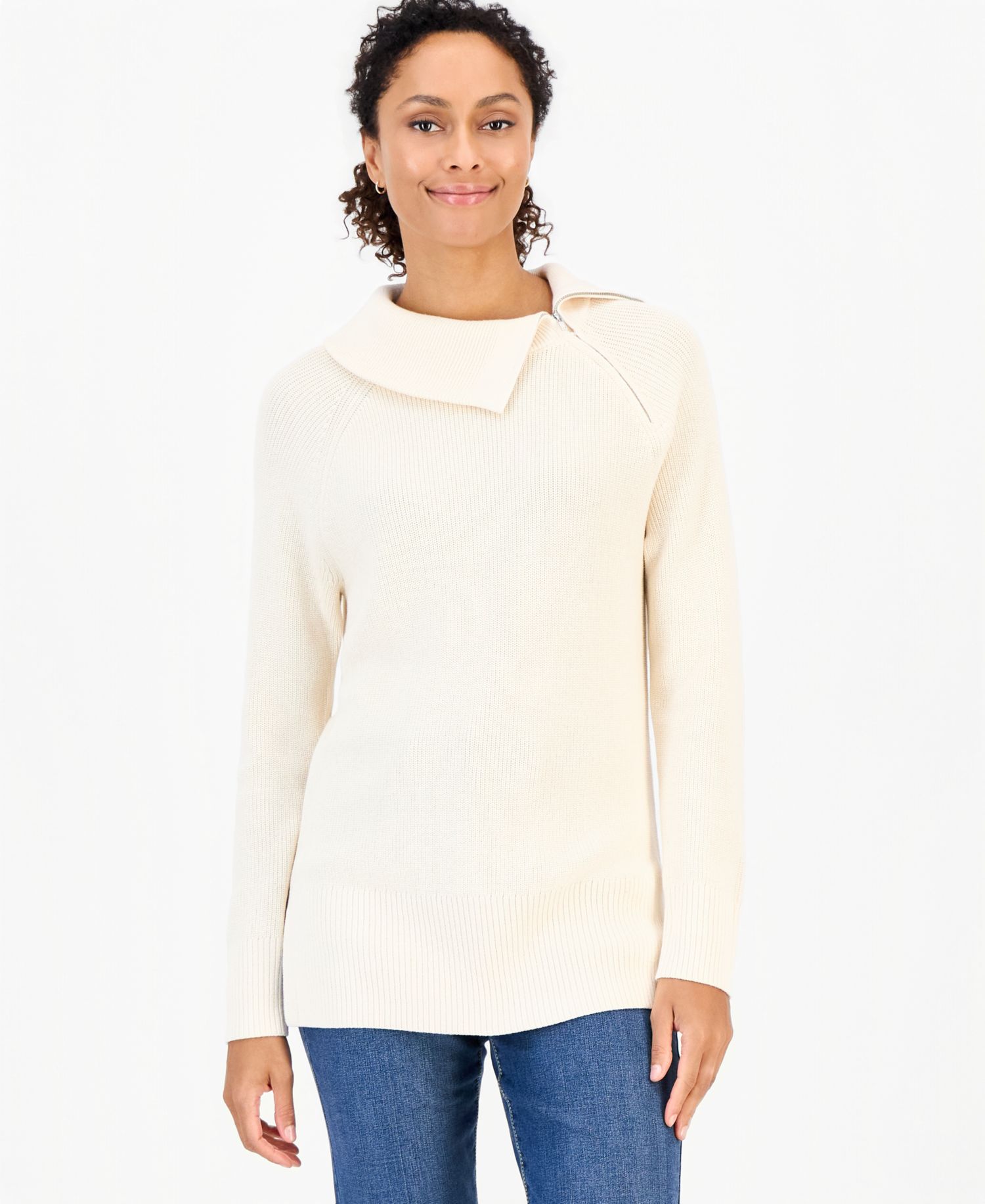 Petite High-Neck Zip Cotton Sweater
