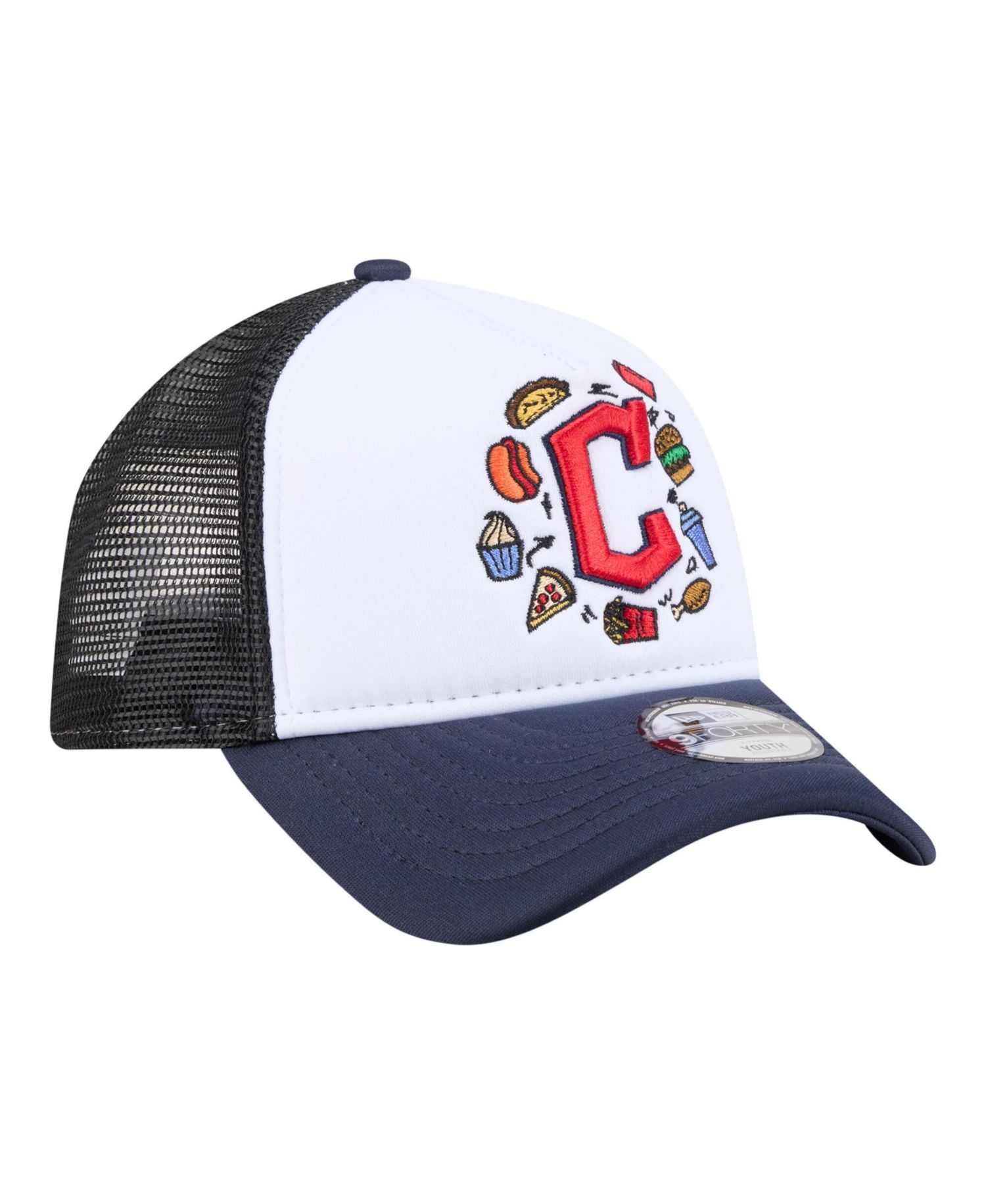 Big Boys and Girls White/Navy Cleveland Guardians Food A-Frame 9FORTY Trucker Adjustable Hat