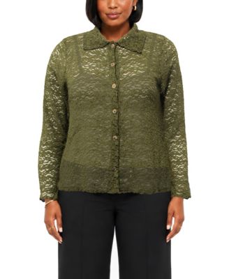 Plus Size Long-Sleeve Lace Floral-Edge Shirt