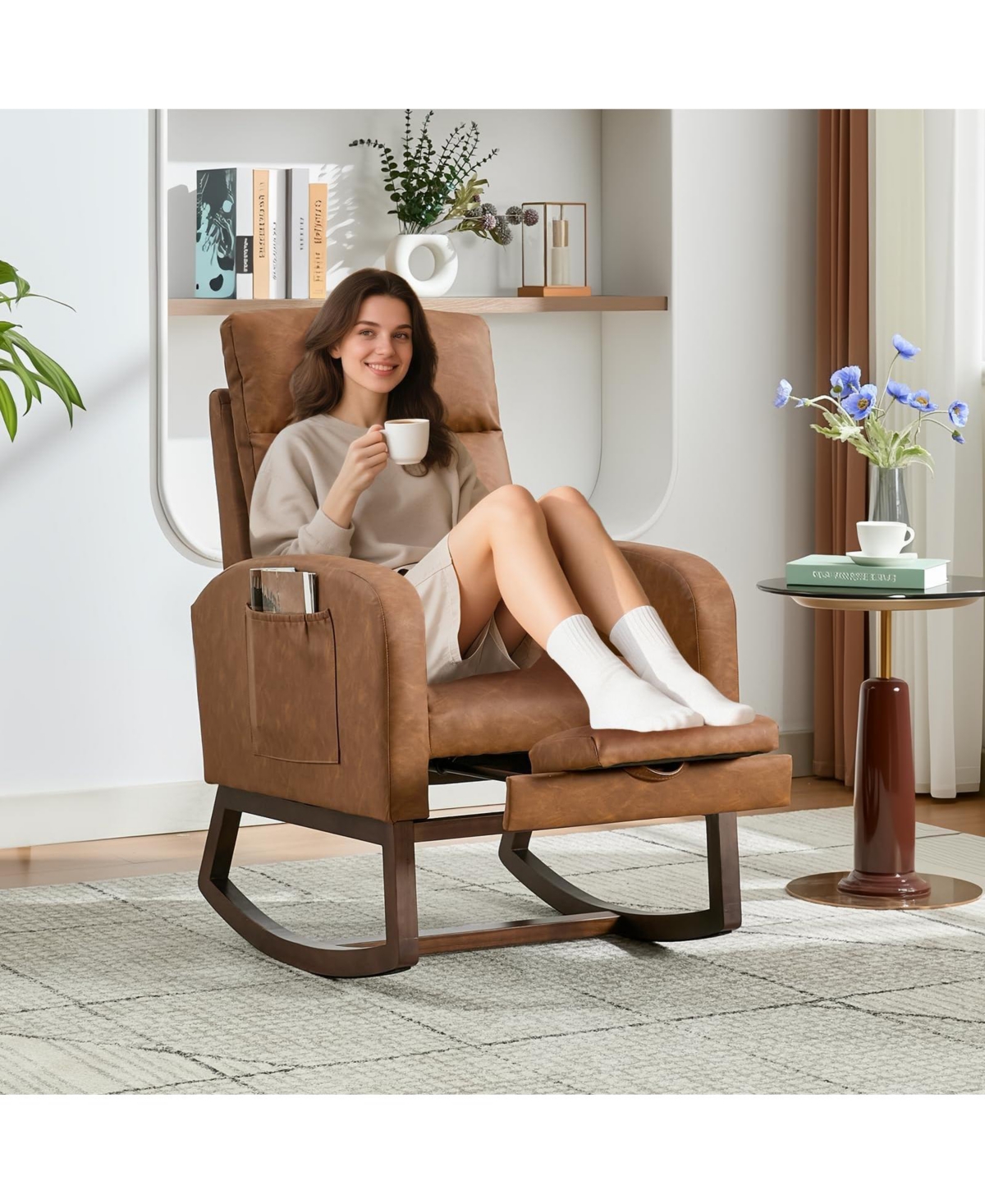 homfan Set of 2 Glider Rocker Chairs, Fabric Upholstered Swivel Chairs with Adjustable Footrest for Dining Room or Lounge