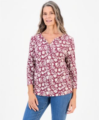 Petite Floral-Print 3/4-Sleeve Henley