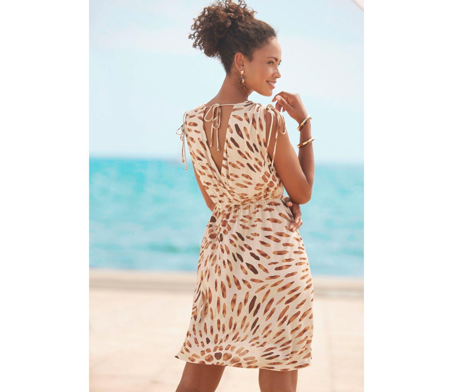 Women's Viscose Printed Tie Detail V-Neck Elastic-Waist Short Dress