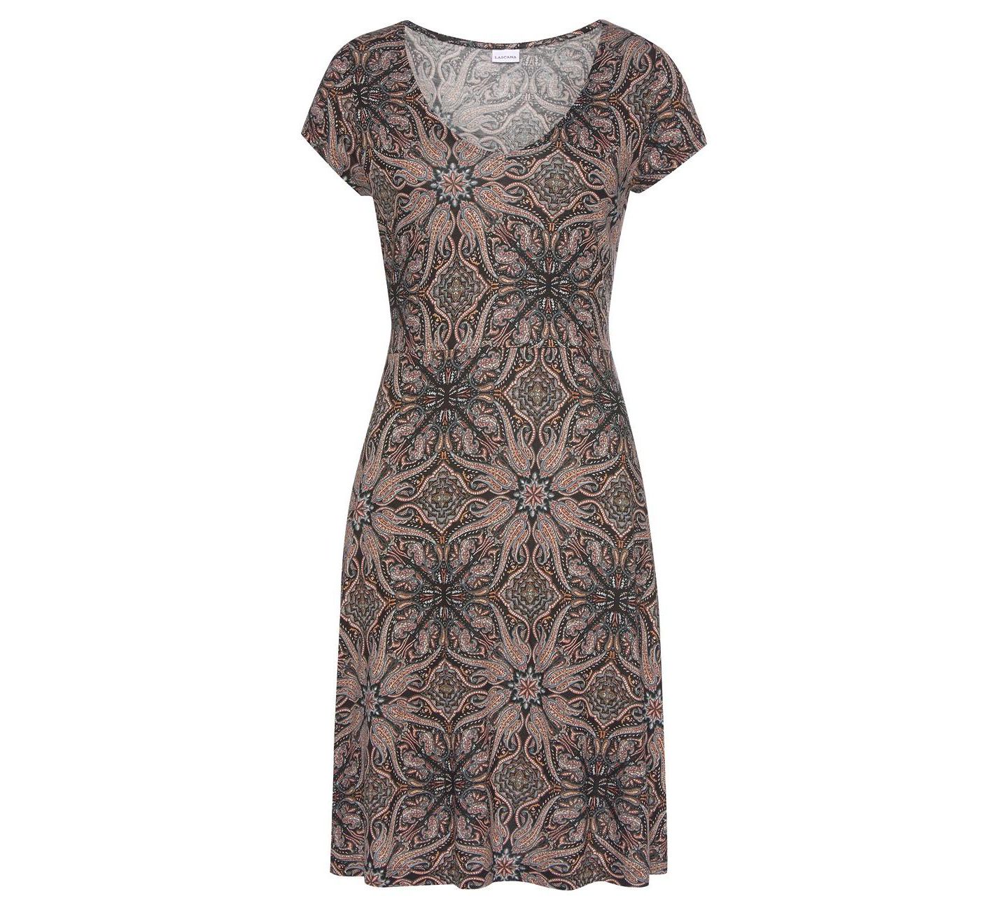 Женское платье LASCANA Viscose Printed Short Sleeve A-Line V-Neck Short, цвет: Коричневый разноцветный — фото 4