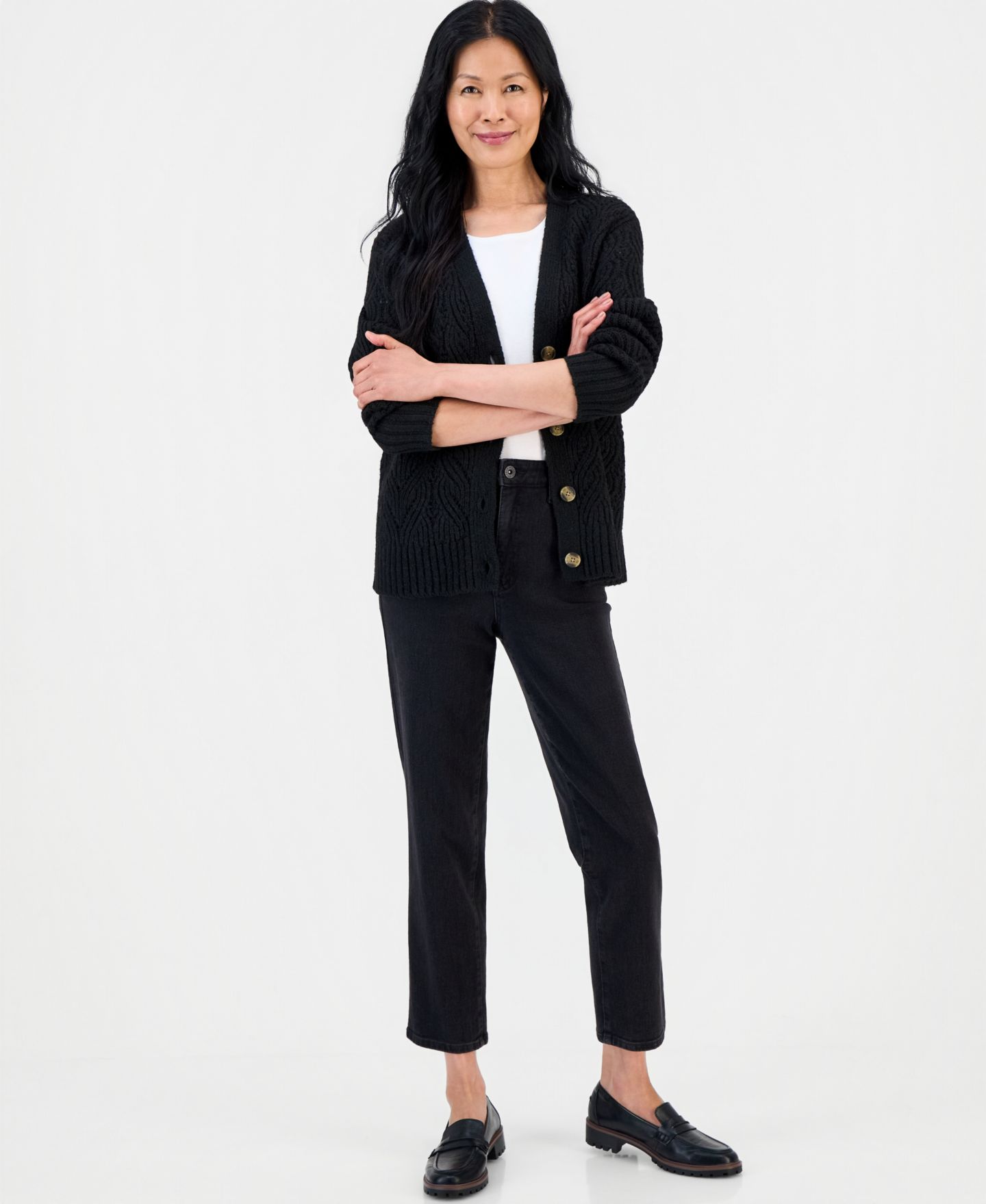 Женский кардиган Style & Co Pointelle Boyfriend, цвет: Мягкий чёрный — фото 3