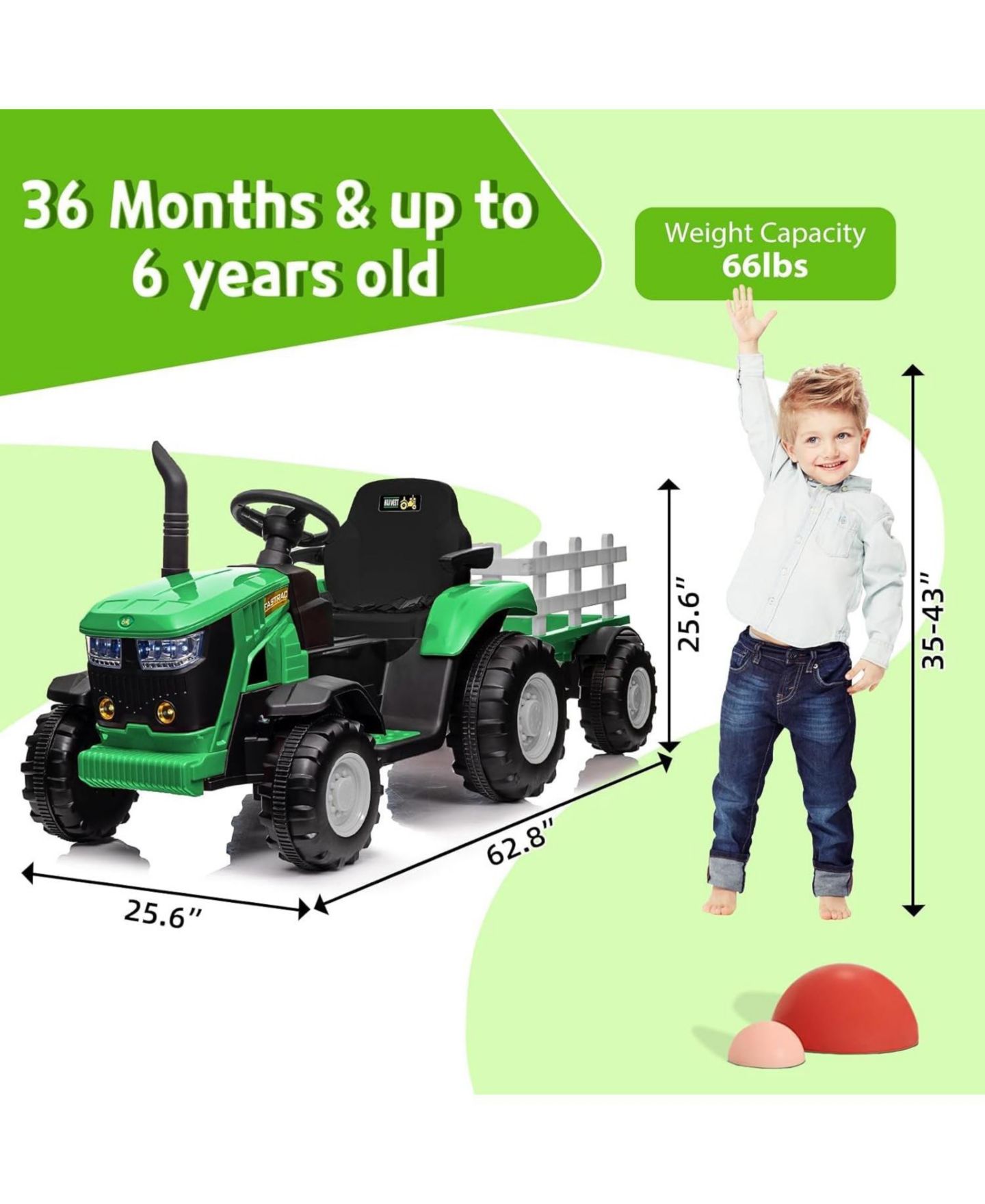 Детская игрушка homfan Ride on Tractor 12V Battery Remote Control with Detachable Trailer, 66 lb. Capacity, от 3 лет, цвет: Зелёный — фото 2