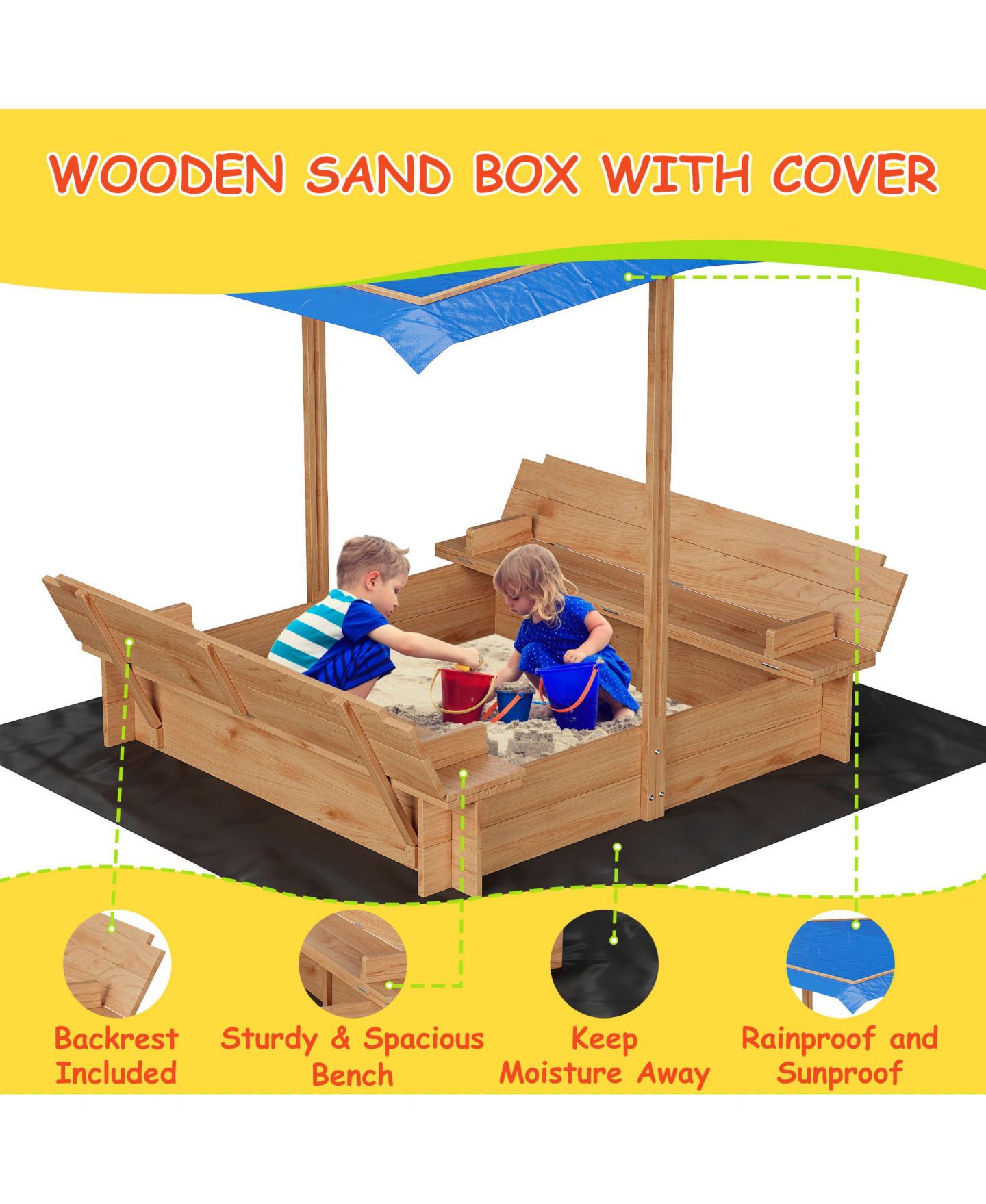 Детская игрушка homfan Large Wooden Sand and Water Table with Adjustable Canopy, Ages 3+ — фото 5
