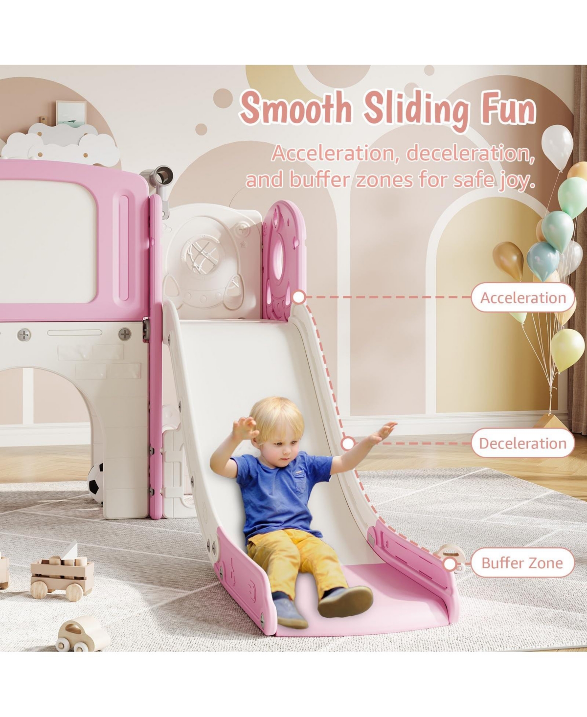 homfan 8 in 1 Toddler Slide, Pink Indoor Outdoor Playground Playset with Climber and Basketball Hoop for Kids Ages 1 to 3