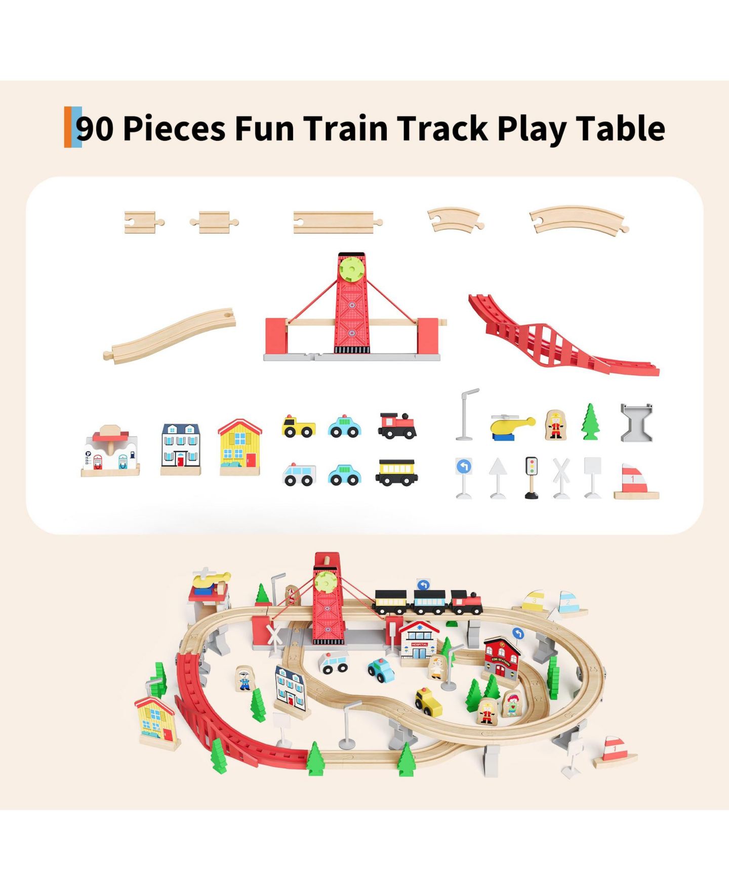 Детские игрушки homfan Multi-Level Tracks 92-Piece Wooden Train Activity Table with Storage — фото 8