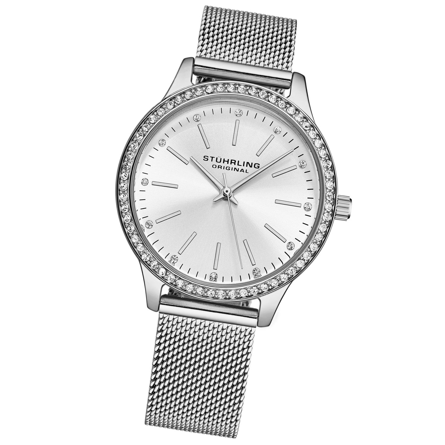 Women's Quartz Crystal Studded Silver Case and Silver Mesh Bracelet, Silver Hands and Markers Watch