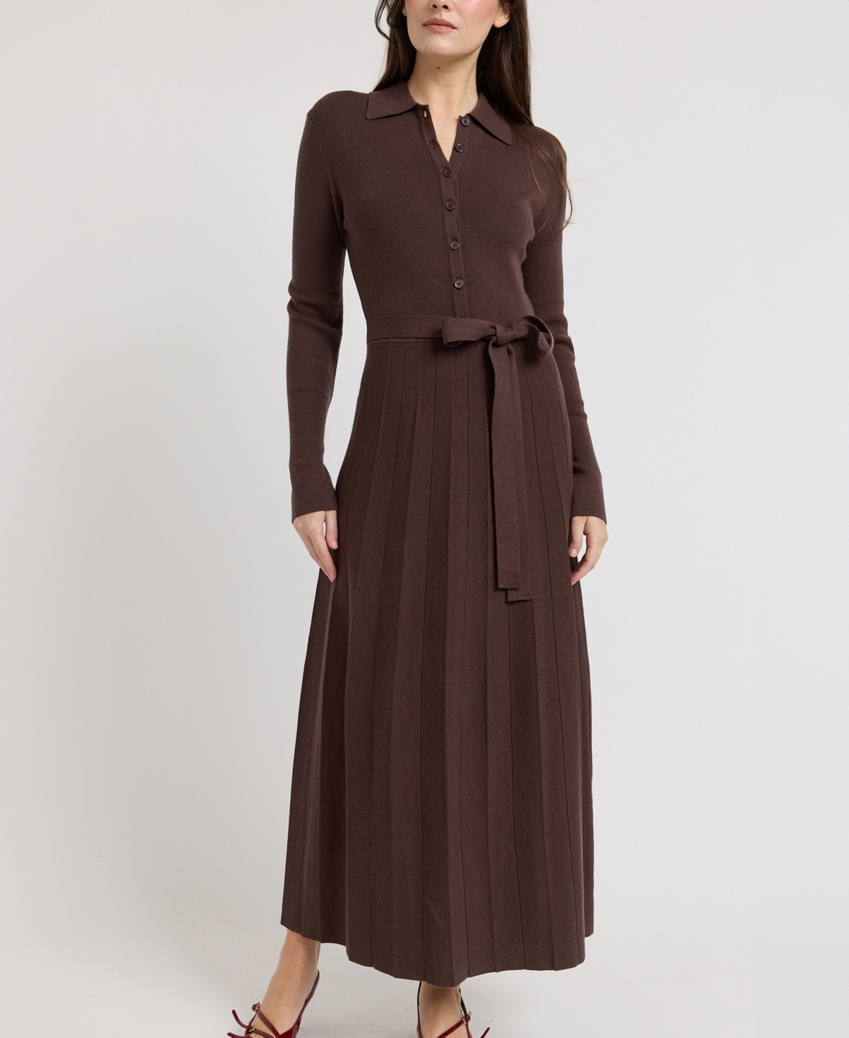 En Saison Women's Collared Button-Front Tie-Waist Pleated Knit Maxi Dress