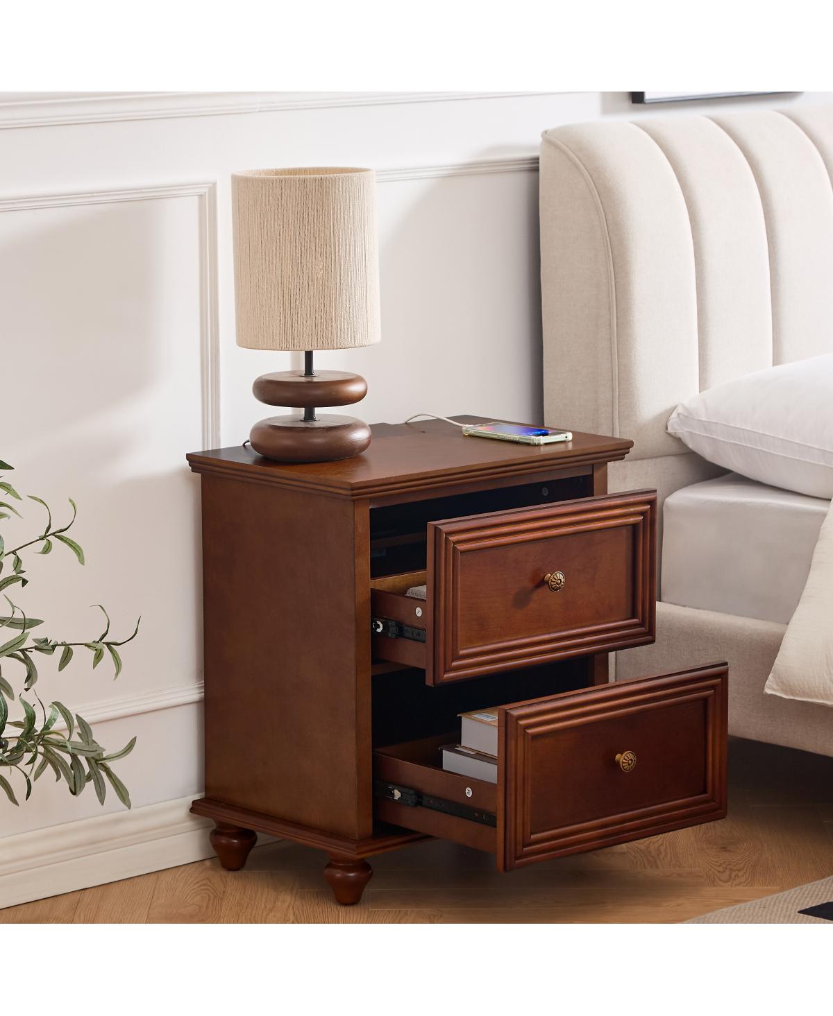 Streamdale Furniture Mid-Century Modern 2-Drawer Nightstand with Charging Station Walnut