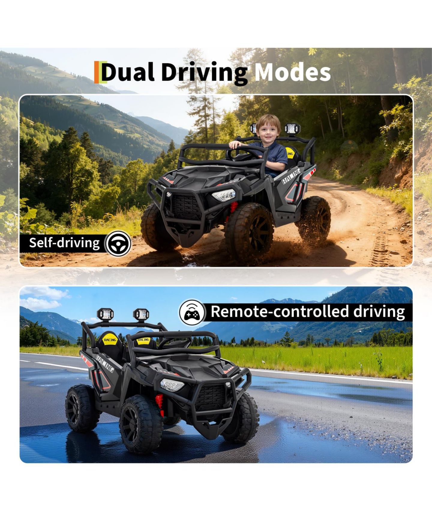Детская игрушка homfan 2-Seater Electric UTV Ride-On Truck, Remote Control, 4-Wheel Suspension, Gradual Power-Up, 3 Speeds, LED Lights, Wireless, цвет: Чёрный — фото 7