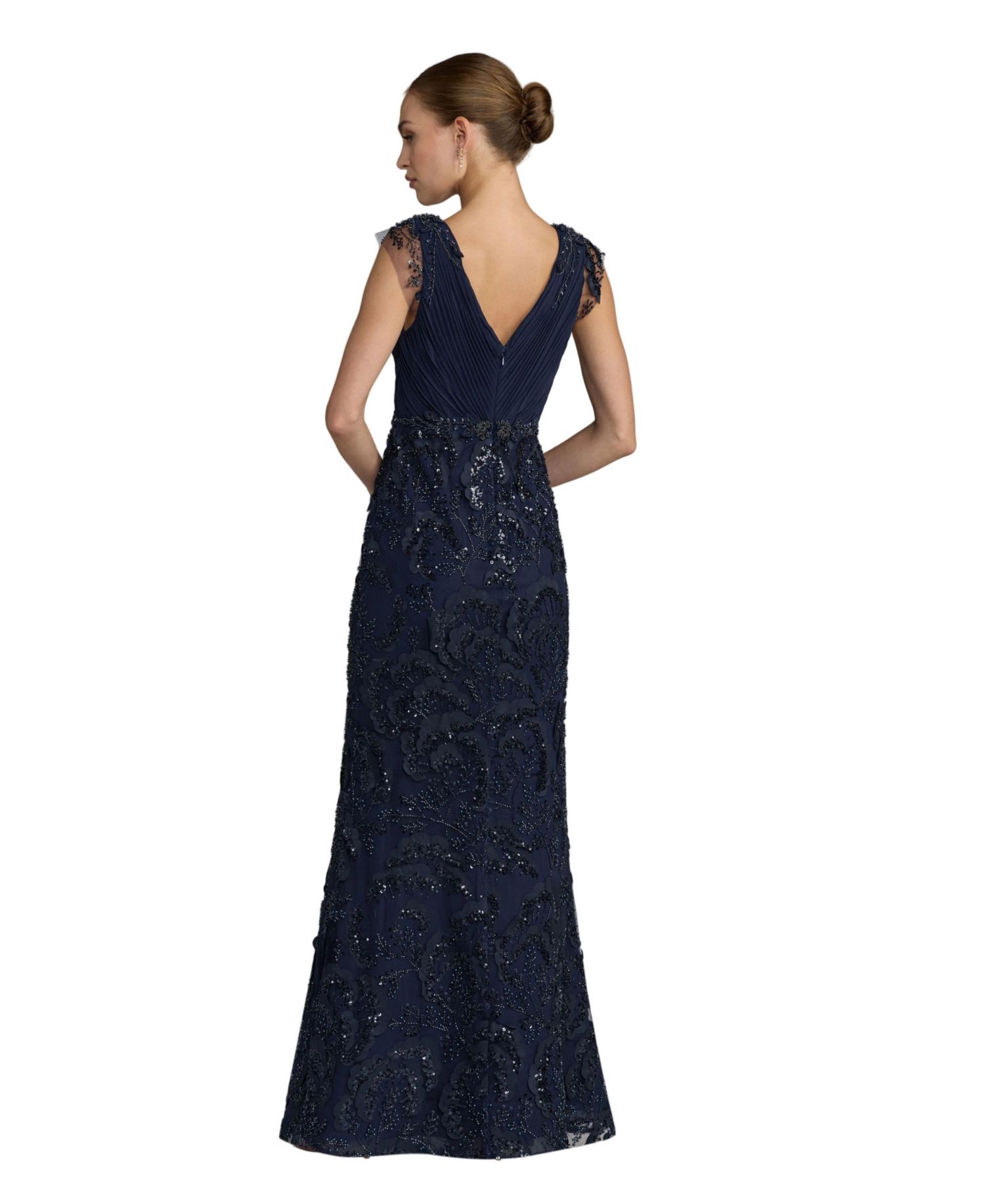 Petite Floral Beaded Chiffon V-Neck Evening Gown