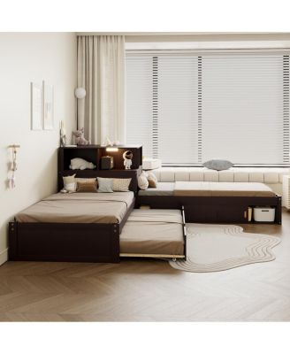 L-Shaped Twin Platform Bed with Storage, Desk, Trundle, LED