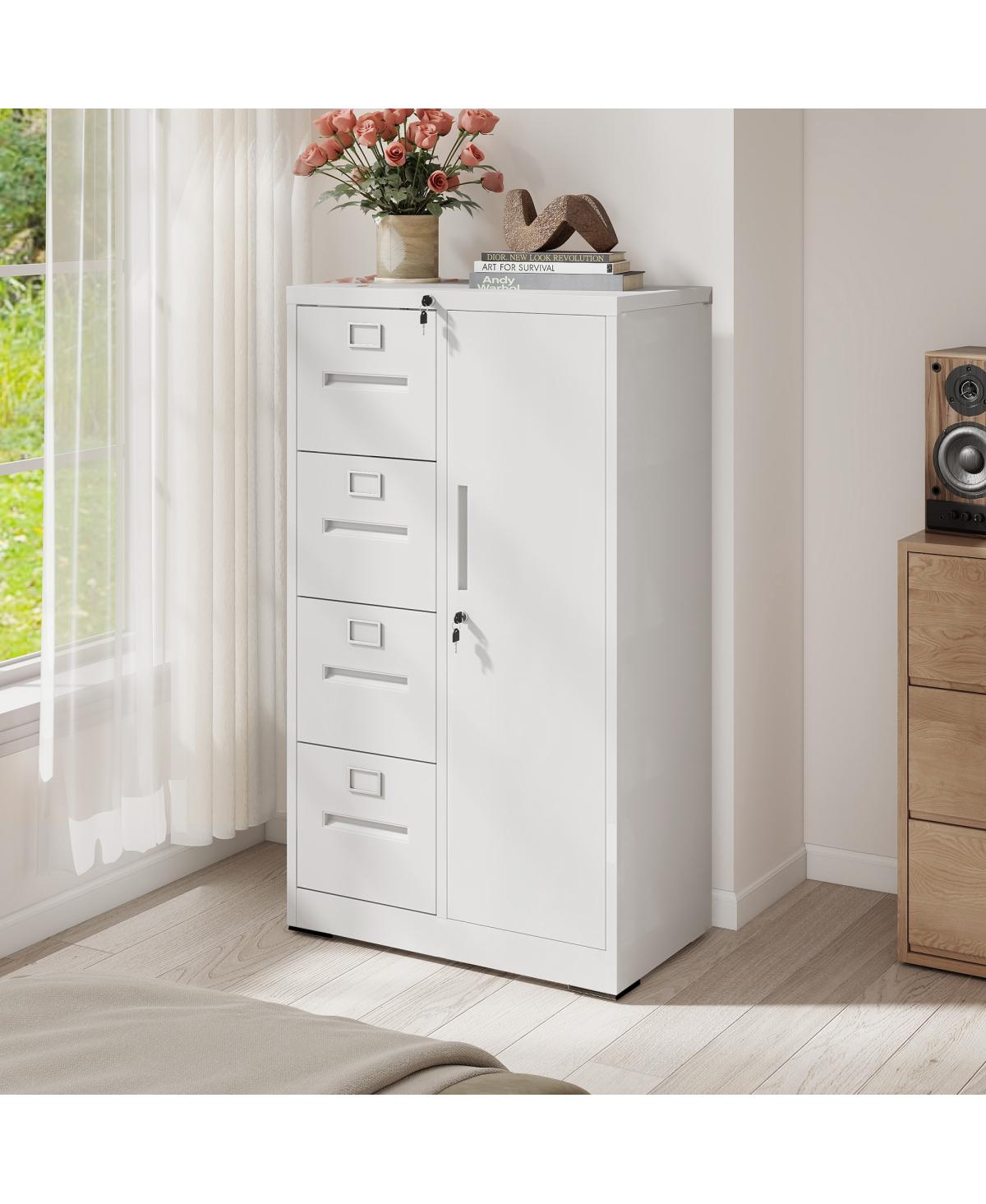 Streamdale Furniture Vertical Steel File Cabinet with Lock, 4 Drawers, 1 Door - White