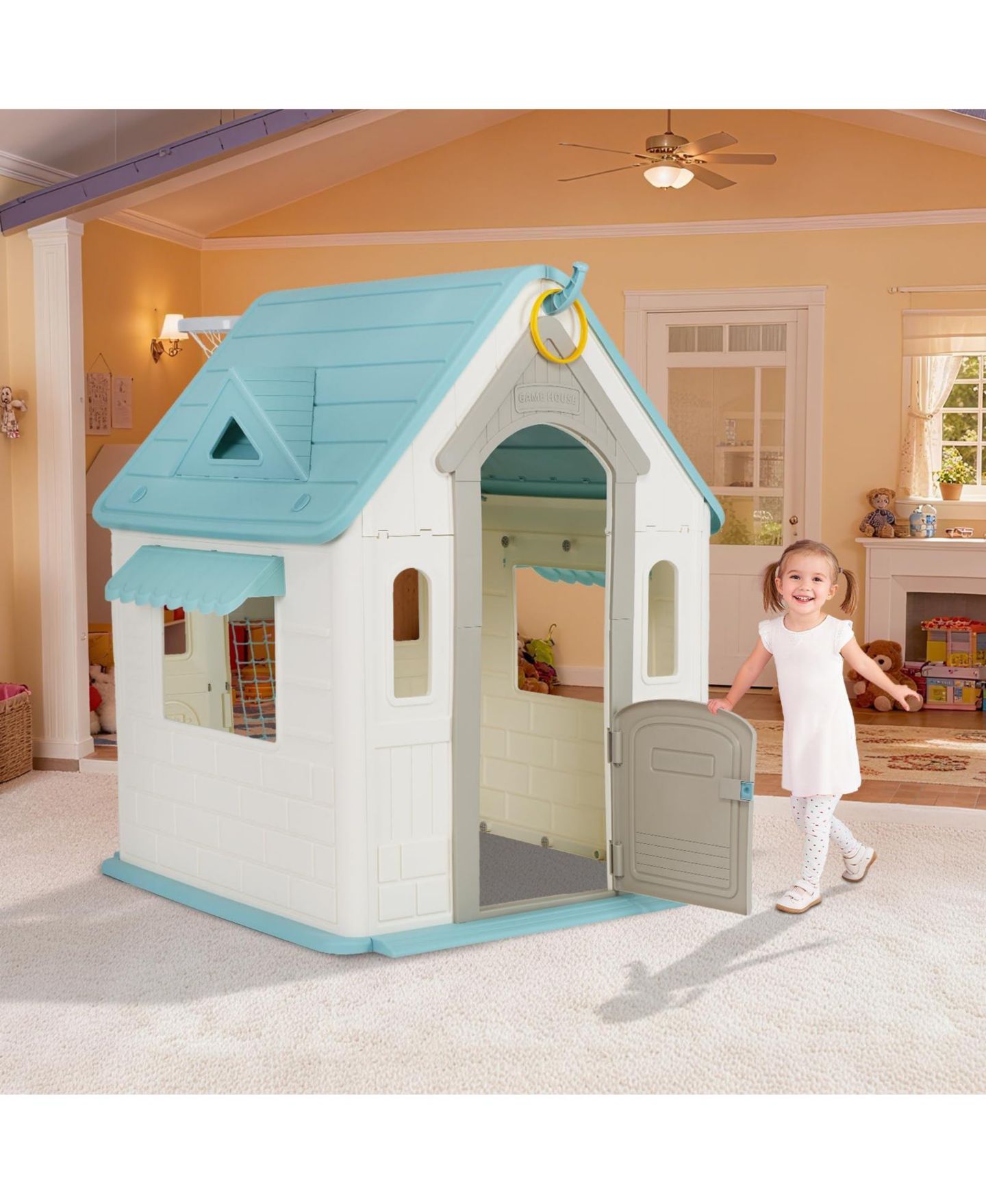 Детская игрушка homfan Kids Outdoor and Indoor Playhouse Cottage, Toddler Playground with Basketball Hoop for Ages plus, цвет: Белый — фото 4