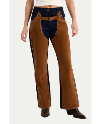 Women's Denim Studded Suedette Mix Chap Jean