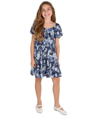Girls' 7-16 Printed Floral Jacquard Chiffon Smocked Babydoll Dress