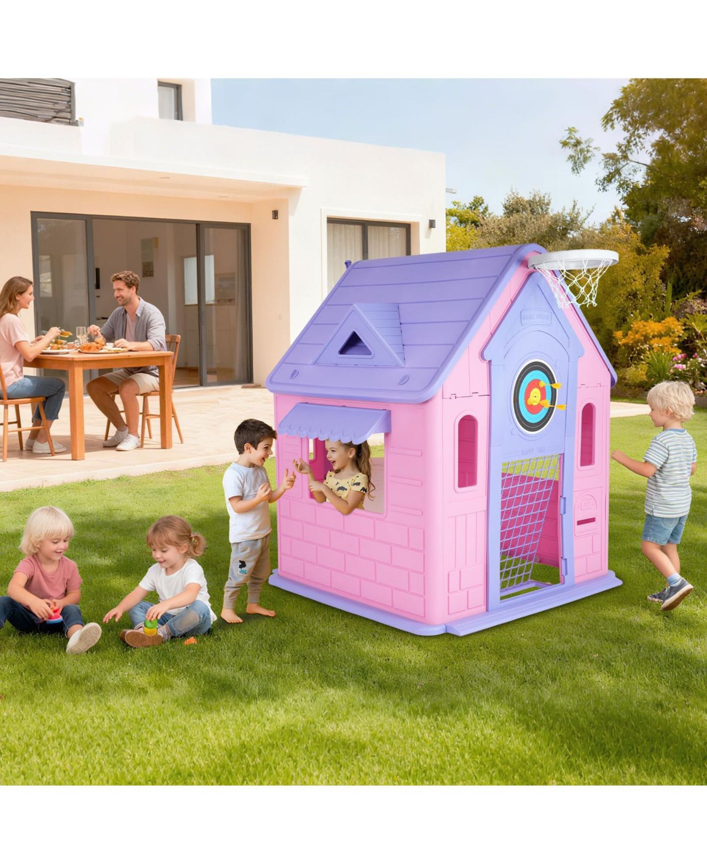 Детская игрушка homfan Kids Outdoor and Indoor Playhouse Cottage, Toddler Playground with Basketball Hoop for Ages 2 — фото 7