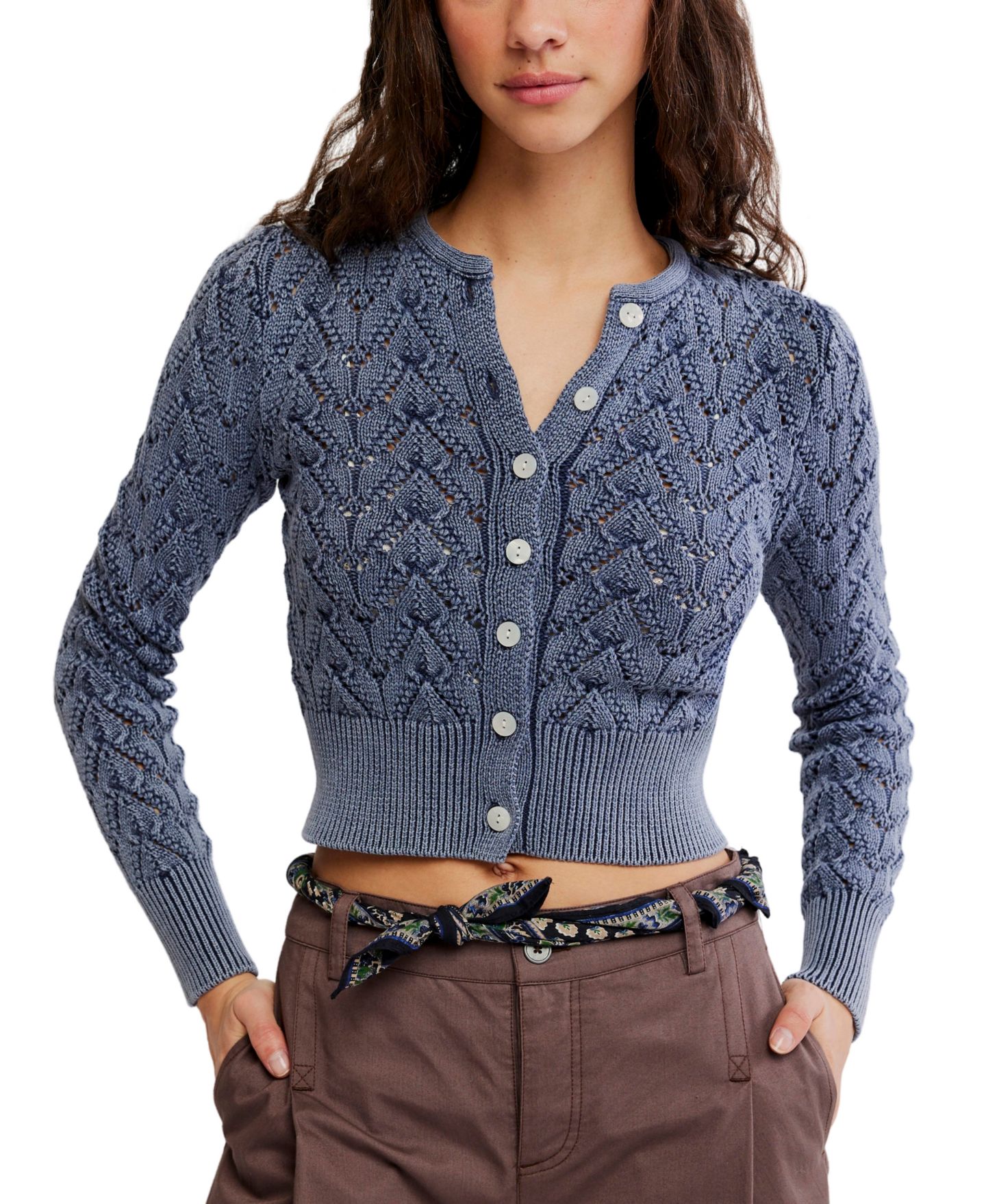 Женский кардиган Free People Pretty In Pointelle Long-Sleeve, цвет: Тёмно-синий — фото 1