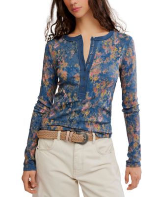 Women's Long-Sleeve Printed Henley Top