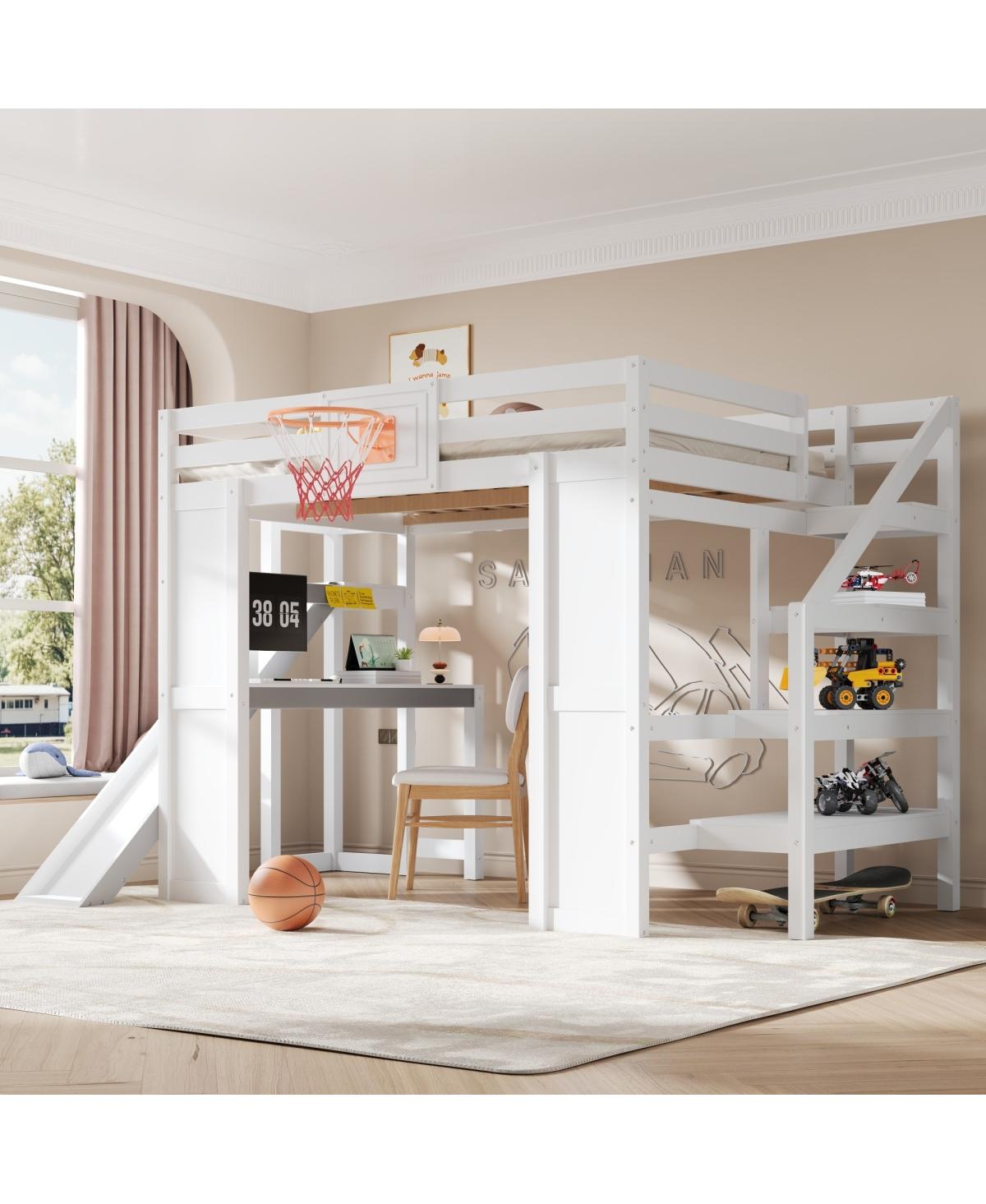 Streamdale Furniture Wooden Loft Bed With Desk, Hoop, Slide, Stairs