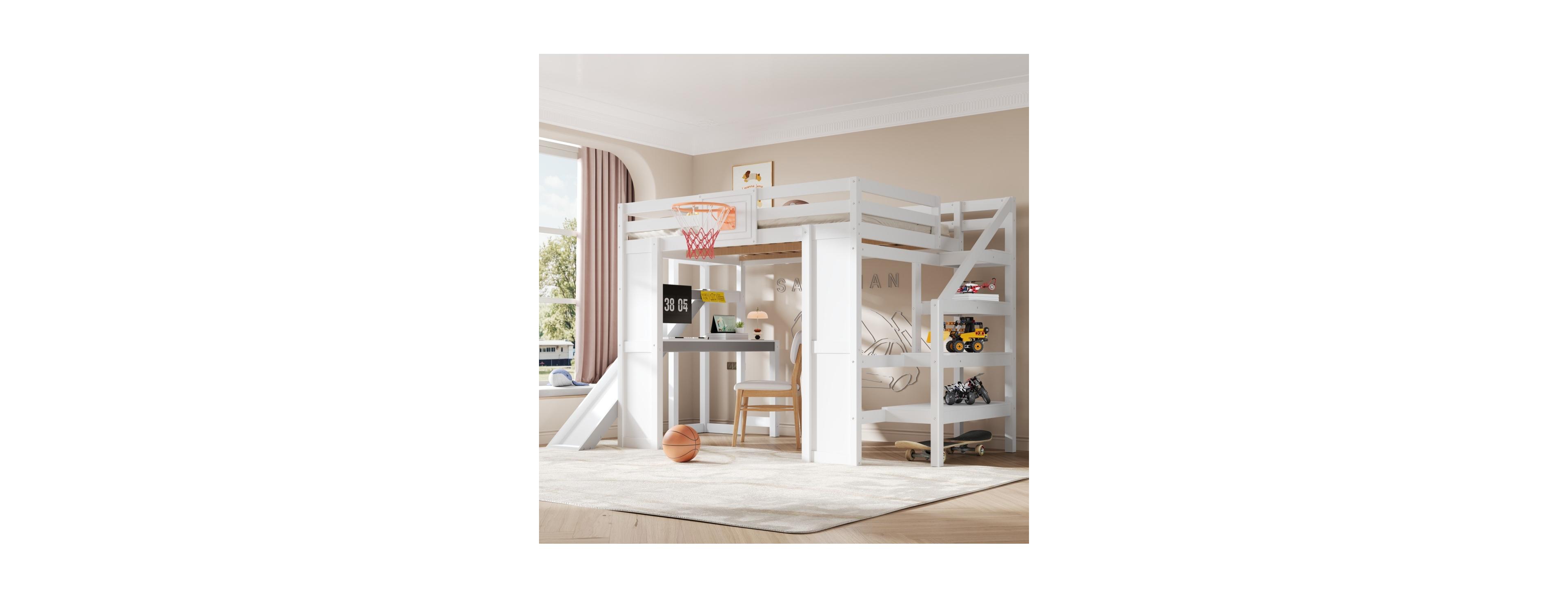 Streamdale Furniture Wooden Loft Bed With Desk, Hoop, Slide, Stairs