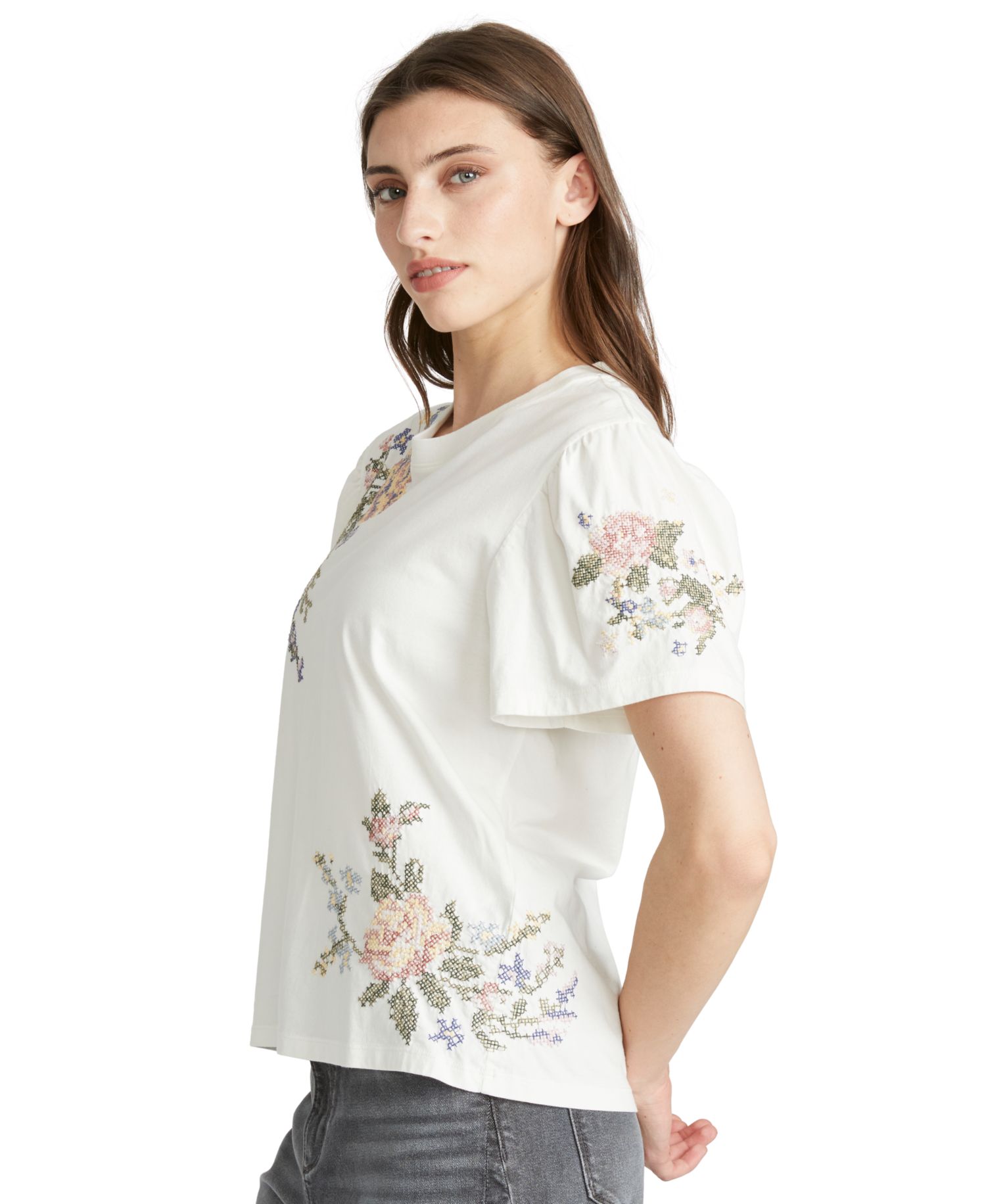 Women's Floral Embroidery Flutter T-Shirt