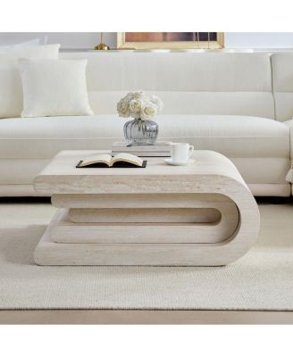 Faux Travertine Square Coffee Table, Modern Layered Base