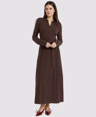 En Saison Women's Collared Button-Front Tie-Waist Pleated Knit Maxi Dress - Brown