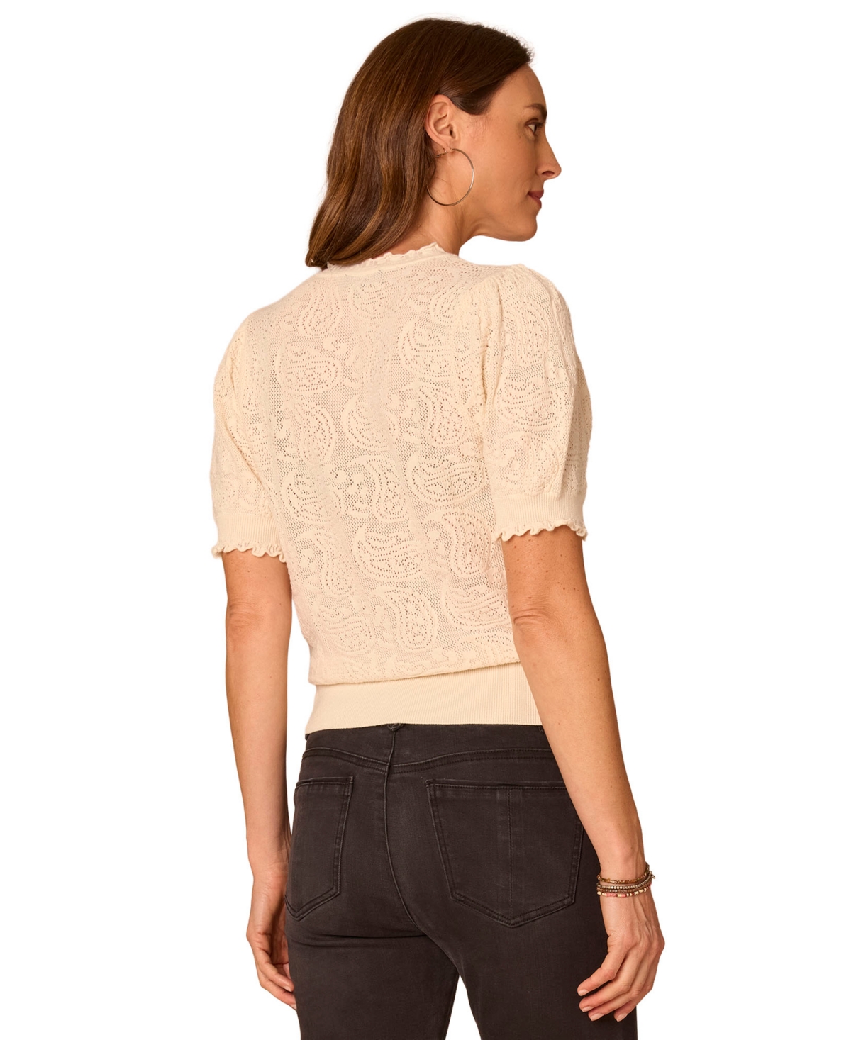 Democracy Petite Paisley Jacquard Short-Sleeve V-Neck Sweater