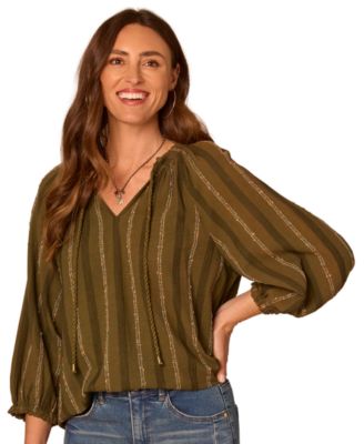 Petite 3/4 Blouson-Sleeve Split-Neck Woven Cotton-Blend Blouse