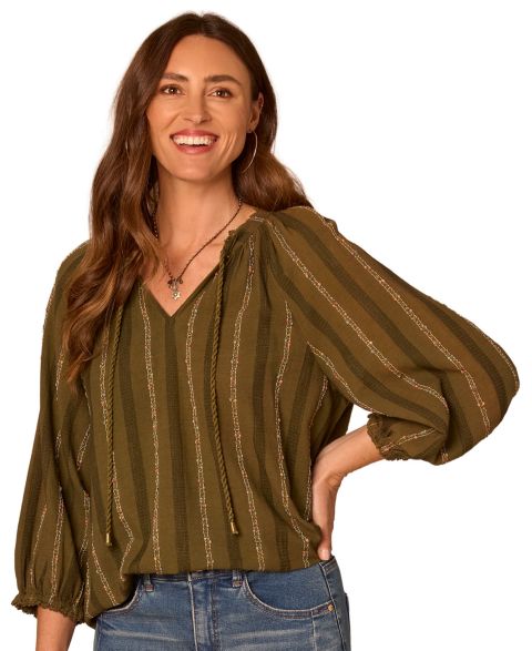 Женская блузка Democracy Petite 3/4 Blouson-Sleeve Split-Neck Blouse, цвет: Мох