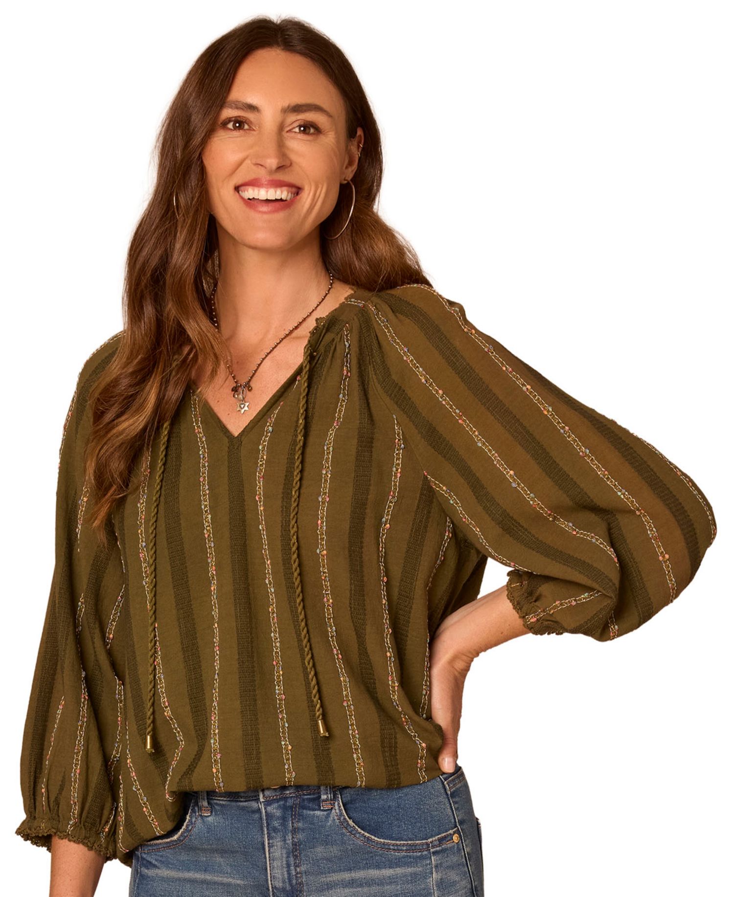Petite 3/4 Blouson-Sleeve Split-Neck Blouse