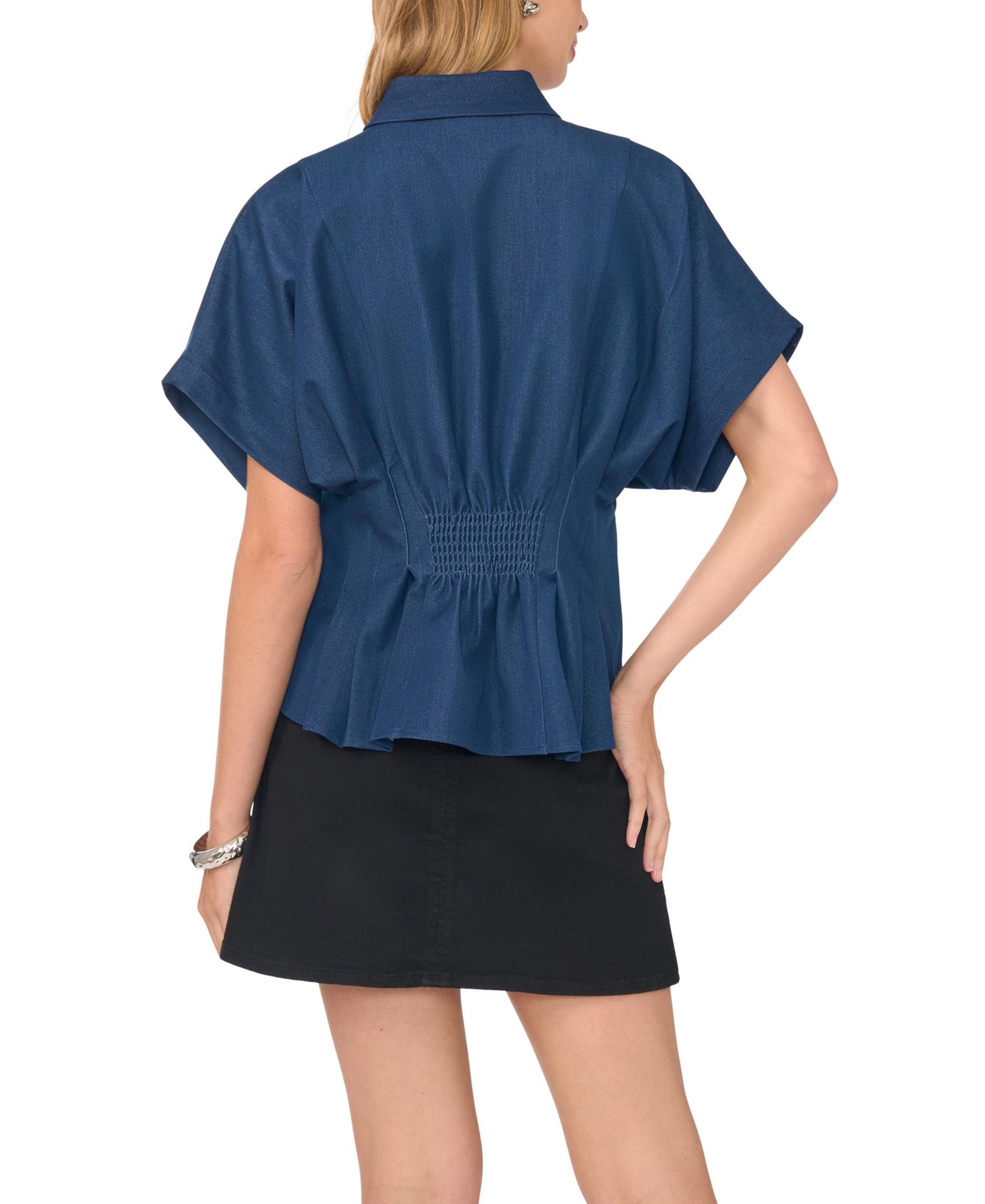 Women's Point-Collar Dolman-Sleeves Pleated-Waist Blouse