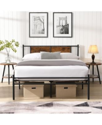 King Size Metal Bed Frame with Wood Panel Headboard, Steel Structure, No Box Spring Needed,  Under-Bed Storage